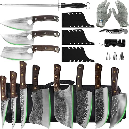 FULLHI Juego de cuchillos de carnicero portátiles de 14 piezas, mango de madera de espiga completa y juego de cuchillos de carnicero de 3 piezas con