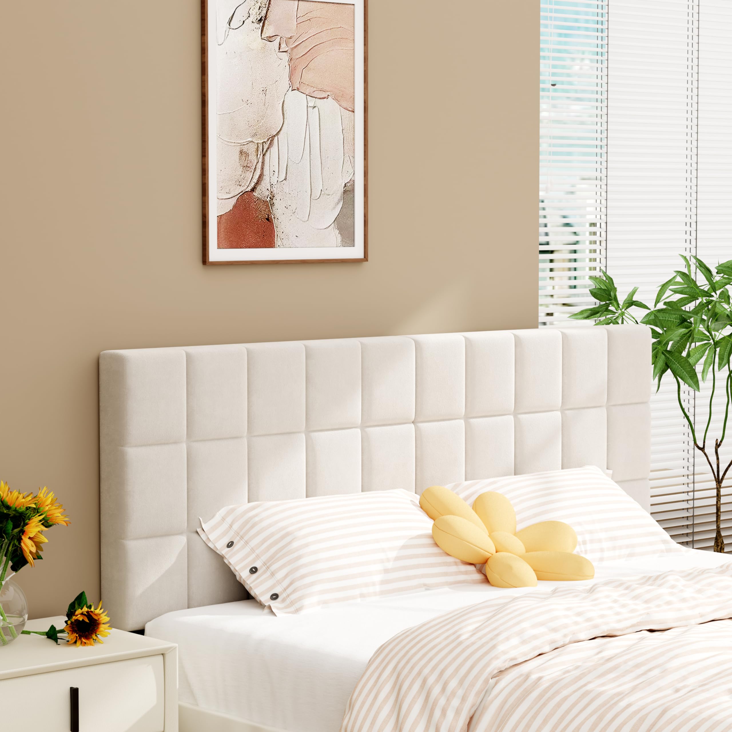 Andeworld Testiera imbottita in velluto, per letto matrimoniale, con gambe in metallo, altezza regolabile da 106,7 a 129,5 cm, design moderno, colore beige