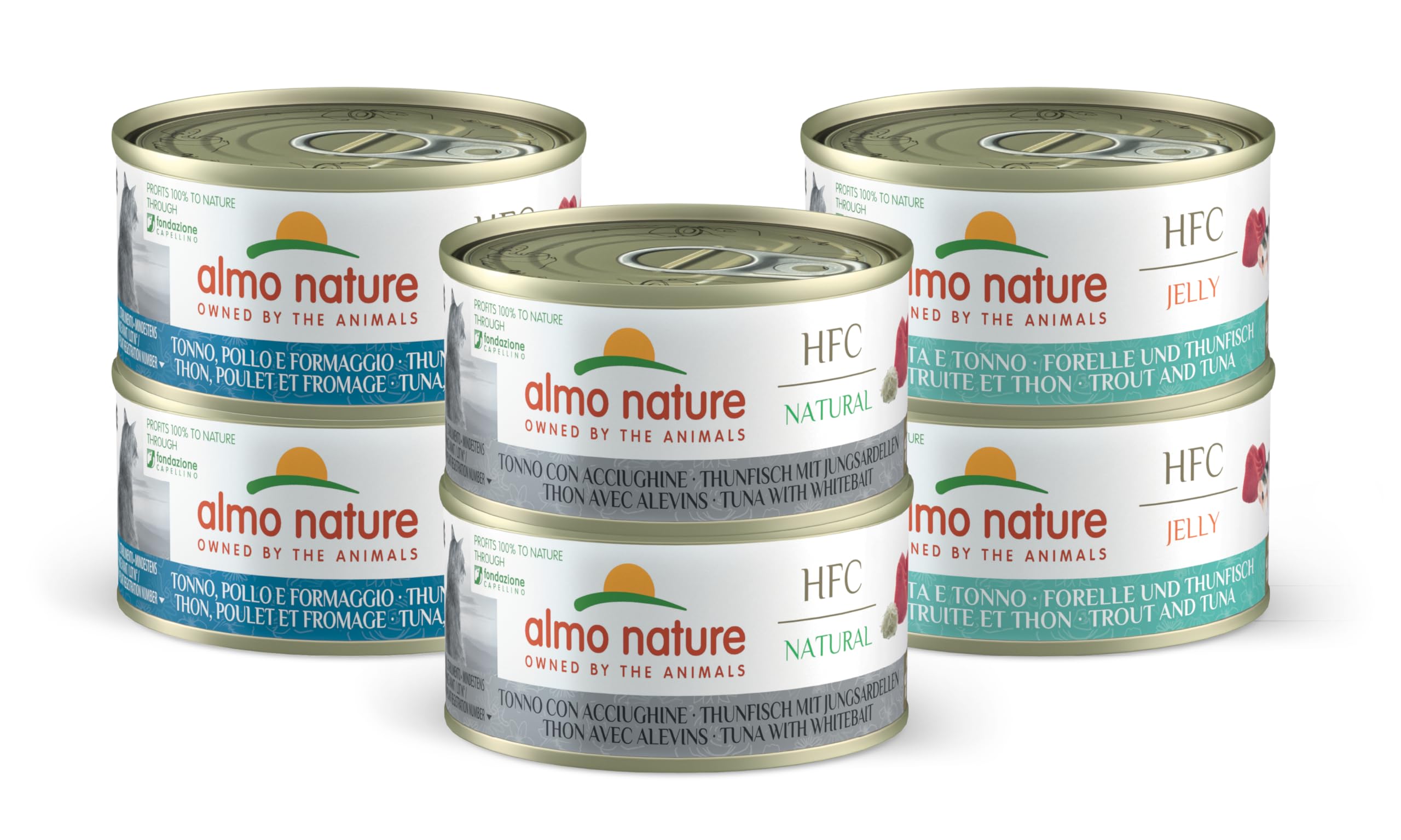 Almo Nature Multi Pack - Sabores Surtidos de atún (2 x atún, Pollo y Queso; 2 x atún y anchoa, 2 x Trucha y atún). Comida húmeda para Gatos Adultos 100% Natural. Paquete de 6 latas de 70 g.