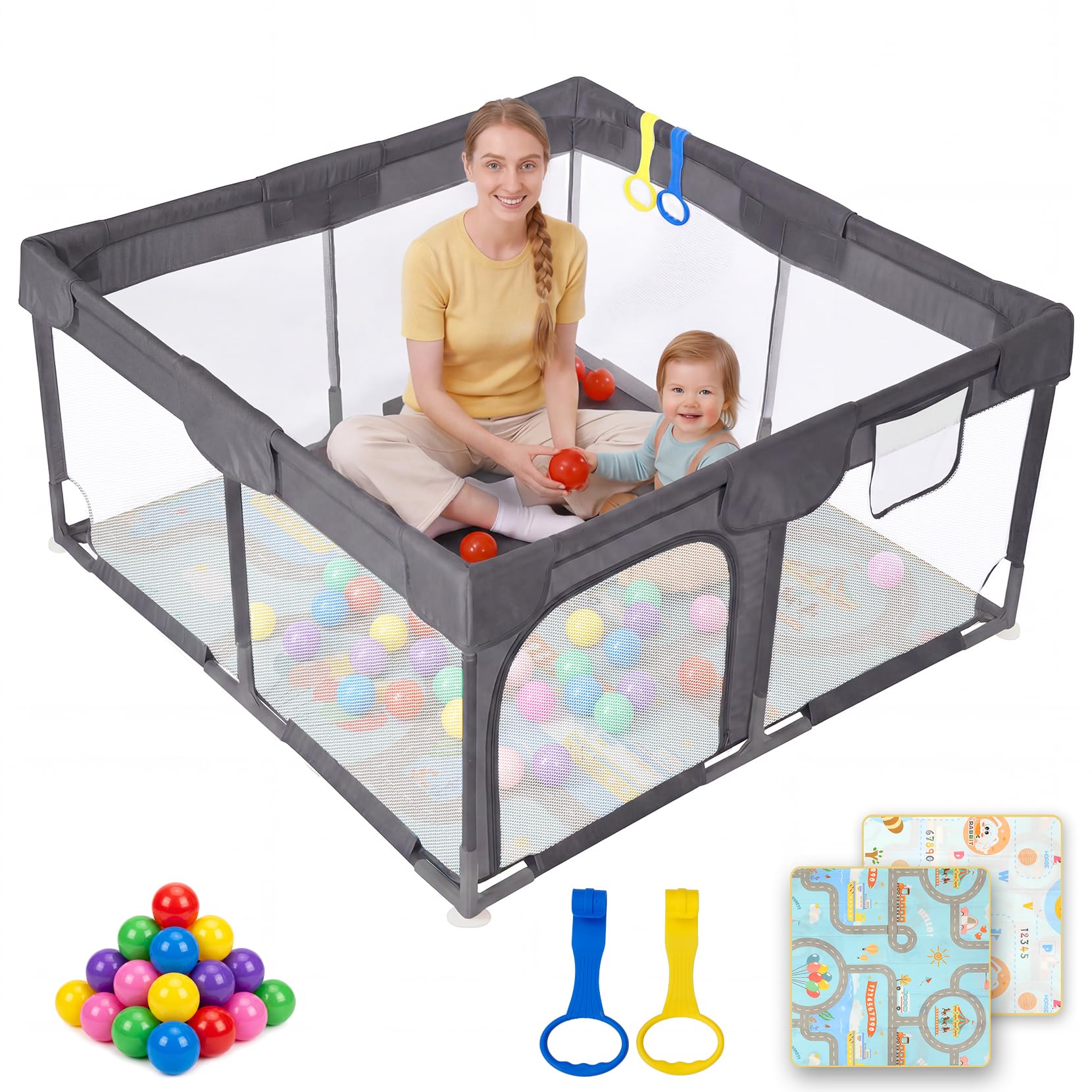Dripex Laufstall Baby, Kompakter Laufgitter Baby faltbar ideal für kleine Räume, Indoor & Outdoor Laufgitter & -Ställe mit Atmungsaktivem Netz & Pull-up Rings, 124x124cm, Kaffeebraun