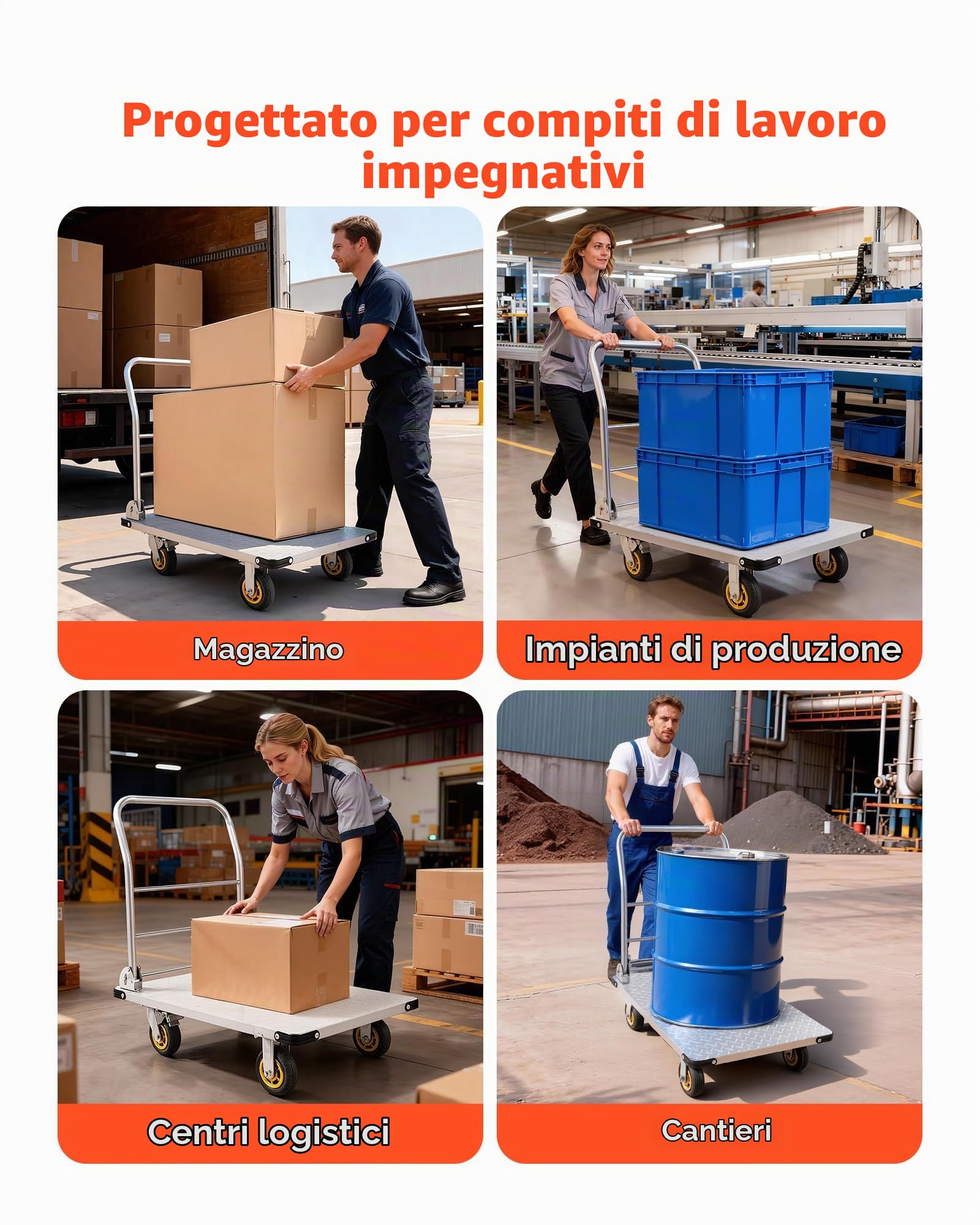 VEVOR Carrello a Piattaforma da Trasporto Pieghevole Capacità Carico max. 907,18 kg, Carrello a Pianale in Acciaio con Ruote Girevoli e Maniglia, Pianali 900x600 mm per Trasporto Garage, Magazzino