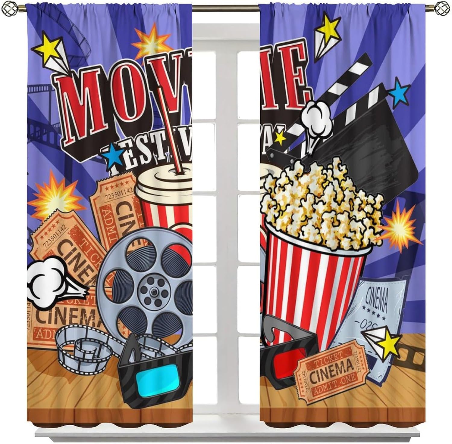 Brebasf Cartoon Movie Theatre Theme Blackout Curtains for Living Room,Modern Cinema Popcorn Film Movie Accessories Room Darkening Window Curtains with Rod Pocket - 2 Panels 63" L x 21" W