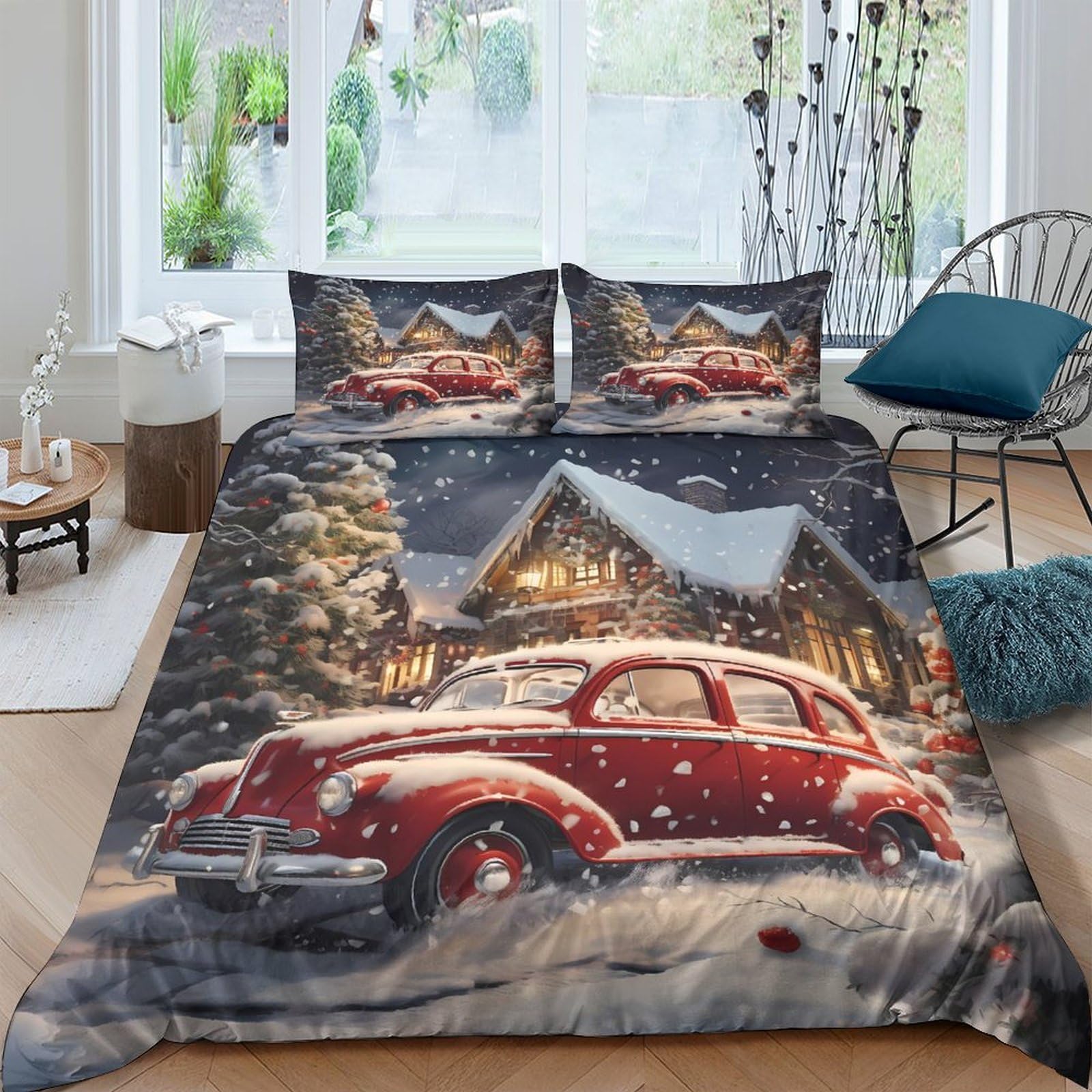 Ctjqhvkz Style-10 3D Printed Red Vintage Car Fitted Sheet Microfiber Soft Snowy Cabin Scene Mattress Cover Bedroom Decor Single（135X200cm）
