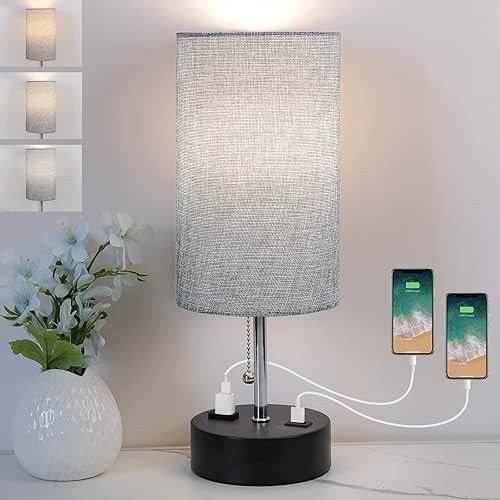 3-Color Temperature Bedside Nightstand Lamp with USB Port and AC Outlet, Table Lamp for Bedroom with LED Bulb Small Lamps for Living Room (Gray)