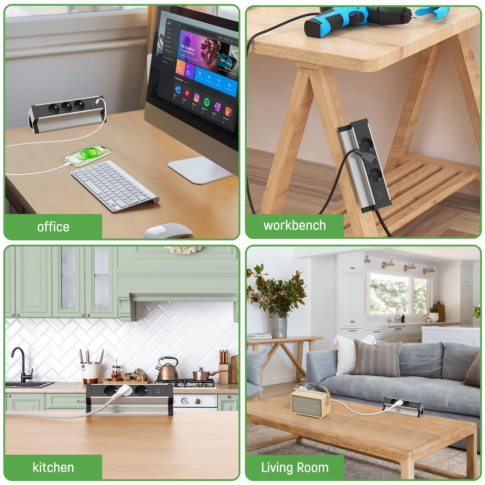 Ciabatta Multipresa con USB C, Multipresa Scrivania 3 Presa e 2 porte USB, Presa Multipla Impostazione Salvaspazio per Tavolo, Scrivania, 2500W/16A, Nera, Cavo da 1,8M