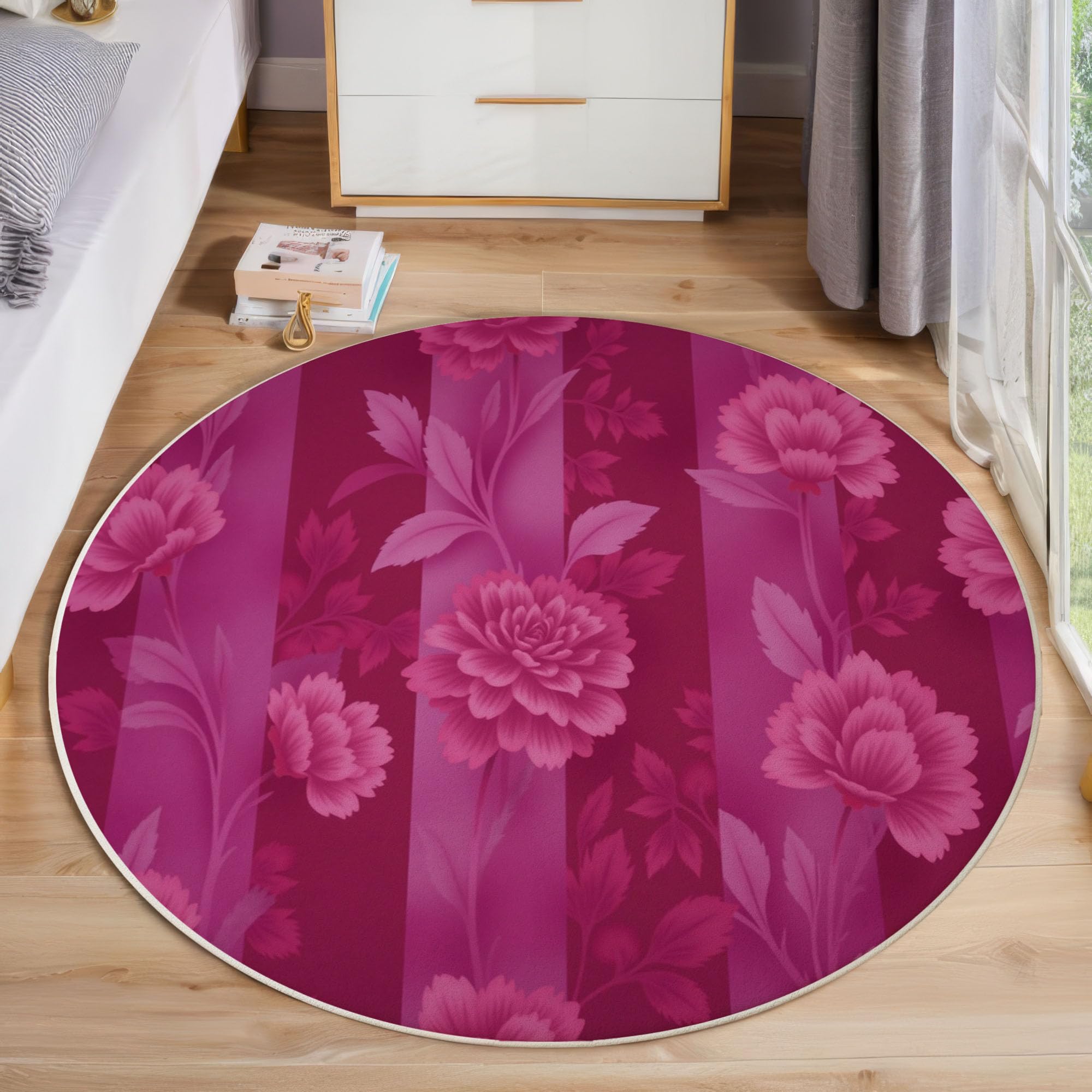 Tapis rond de chambre 120 cm à rayures florales rouge violacé motif vintage