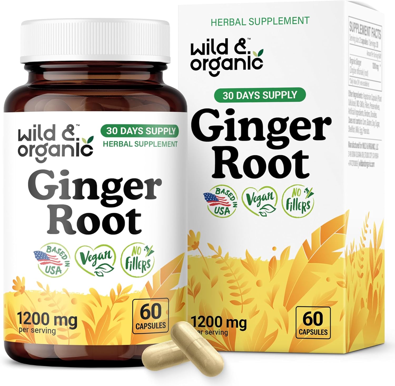 Wild & Organic Ginger Root Capsules 1200 mg - Immune & Digestive Support - Natural Ginger Supplements - Zingiber Officinale Powder - 30 Days of Supply - Vegan, No Fillers, Non-GMO - 60 Count