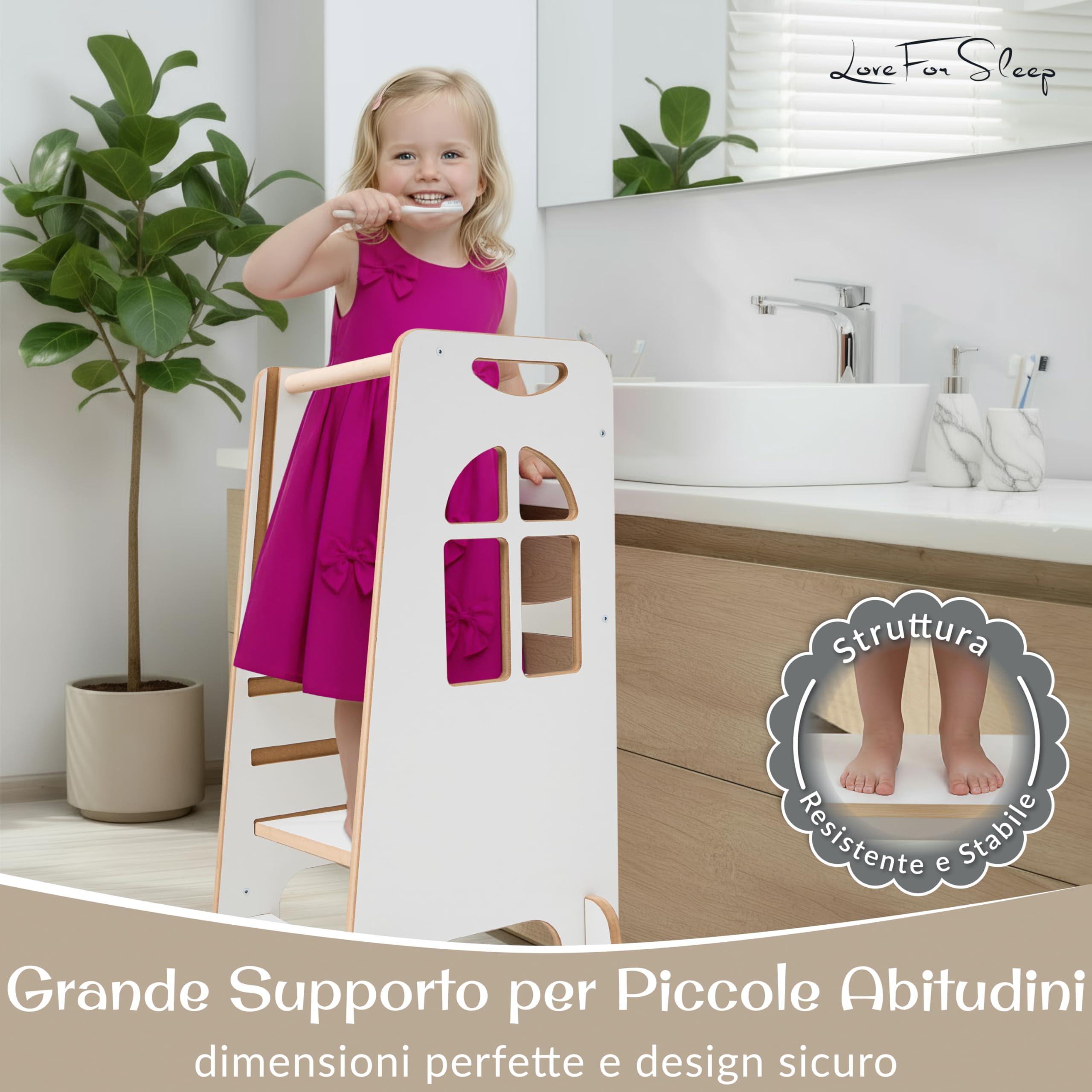 Torre Montessoriana in legno – Torre Apprendimento Montessori regolabile per bambini 2–6 anni, con 3 altezze sicure,Con supporti laterali anti-ribaltamento e pannello di sicurezza posteriore