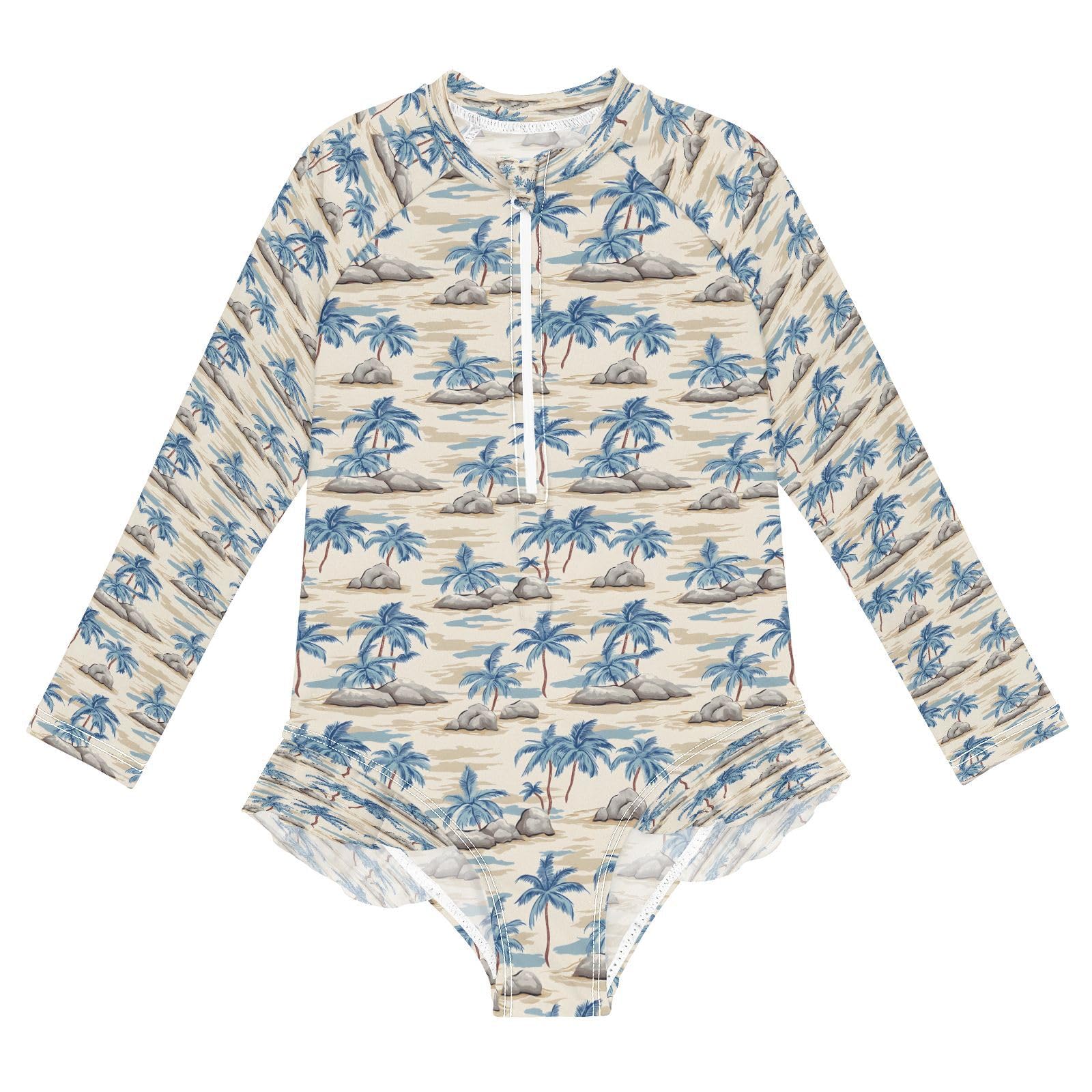 Palm Stone A Girls Long Sleeve Swimsuits One Piece Zipper Bathing Suit UPF 50+ Rashguard Swimwear