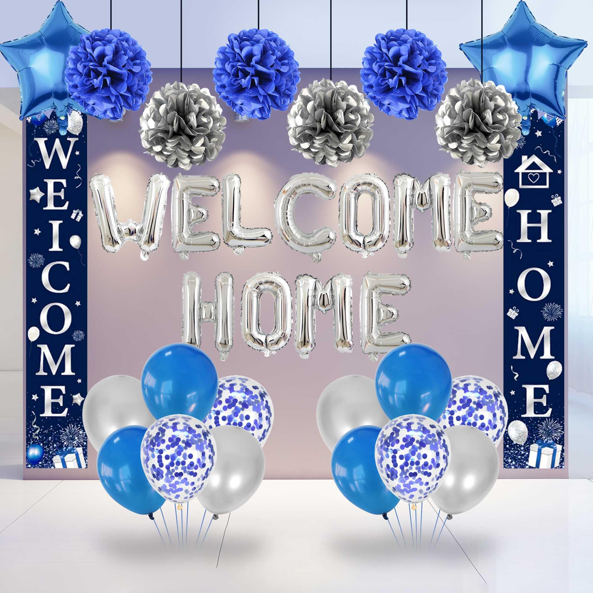 bng-bng Decorazioni per la casa di benvenuto blu con bandierine di benvenuto a casa striscione stella turbinii pompon in tessuto per benvenuto famiglia decorazioni per feste forniture per feste
