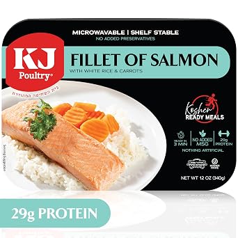 KJ Poultry Kosher Ready Meals - Salmon Fillet Fish, Parve MRE Meal Ready to Eat, Protein Food, Halal, 1 Pack Prepared Entree Fully Cooked, Shelf Stable Microwave Dinner, Travel, Military, Camping