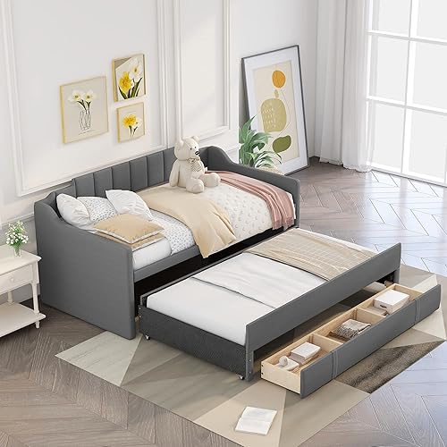 Miniatura 2 de Sofá cama tapizada de tamaño individual con nido y tres cajones para sofá cama gris y cama nido debajo de la cama gris