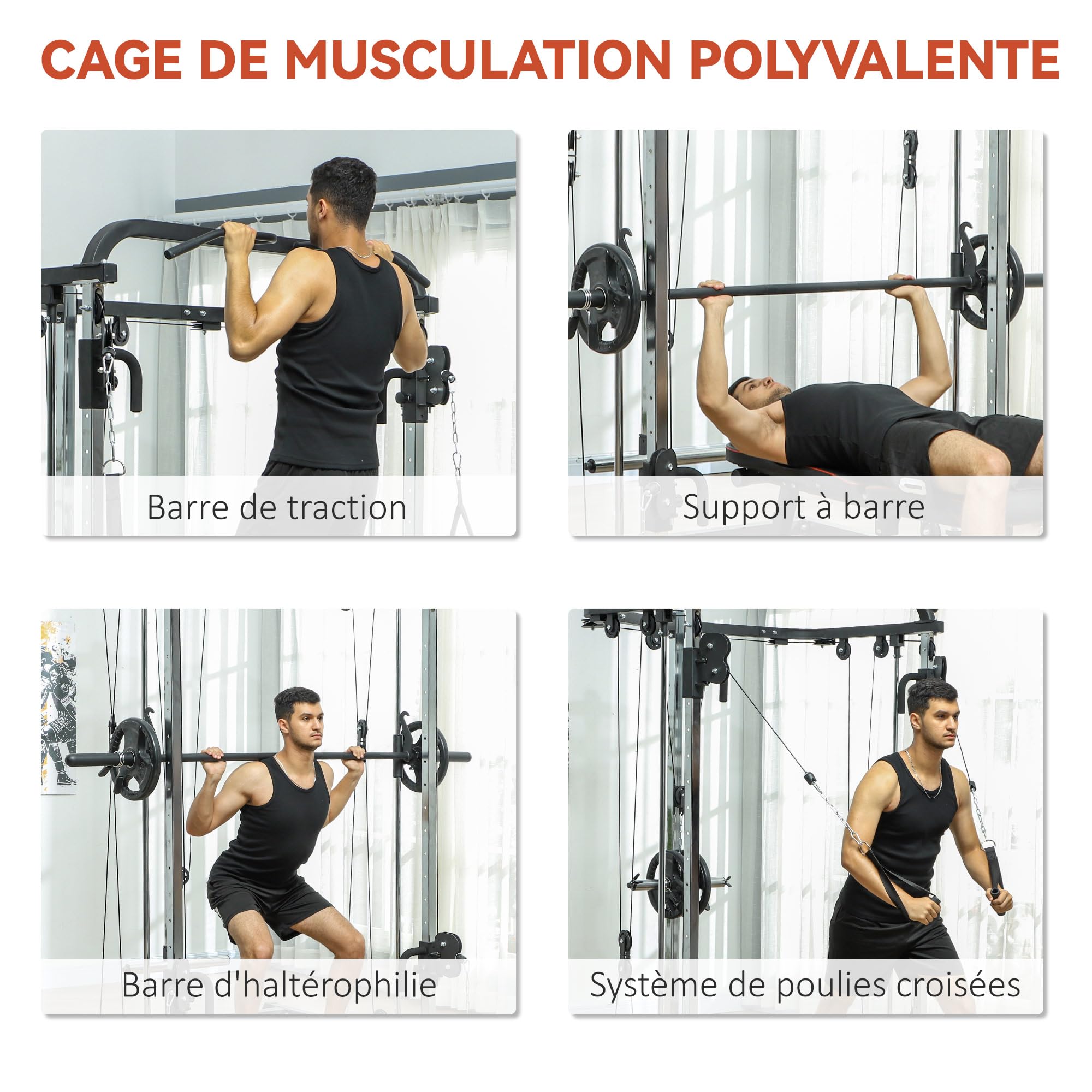 SPORTNOW Stazione di sollevamento pesi, stazione di trazione a cavo, con supporto per squat, bar, cavo Cross-Over, altezze regolabili struttura in acciaio, per allenamento domestico, nero