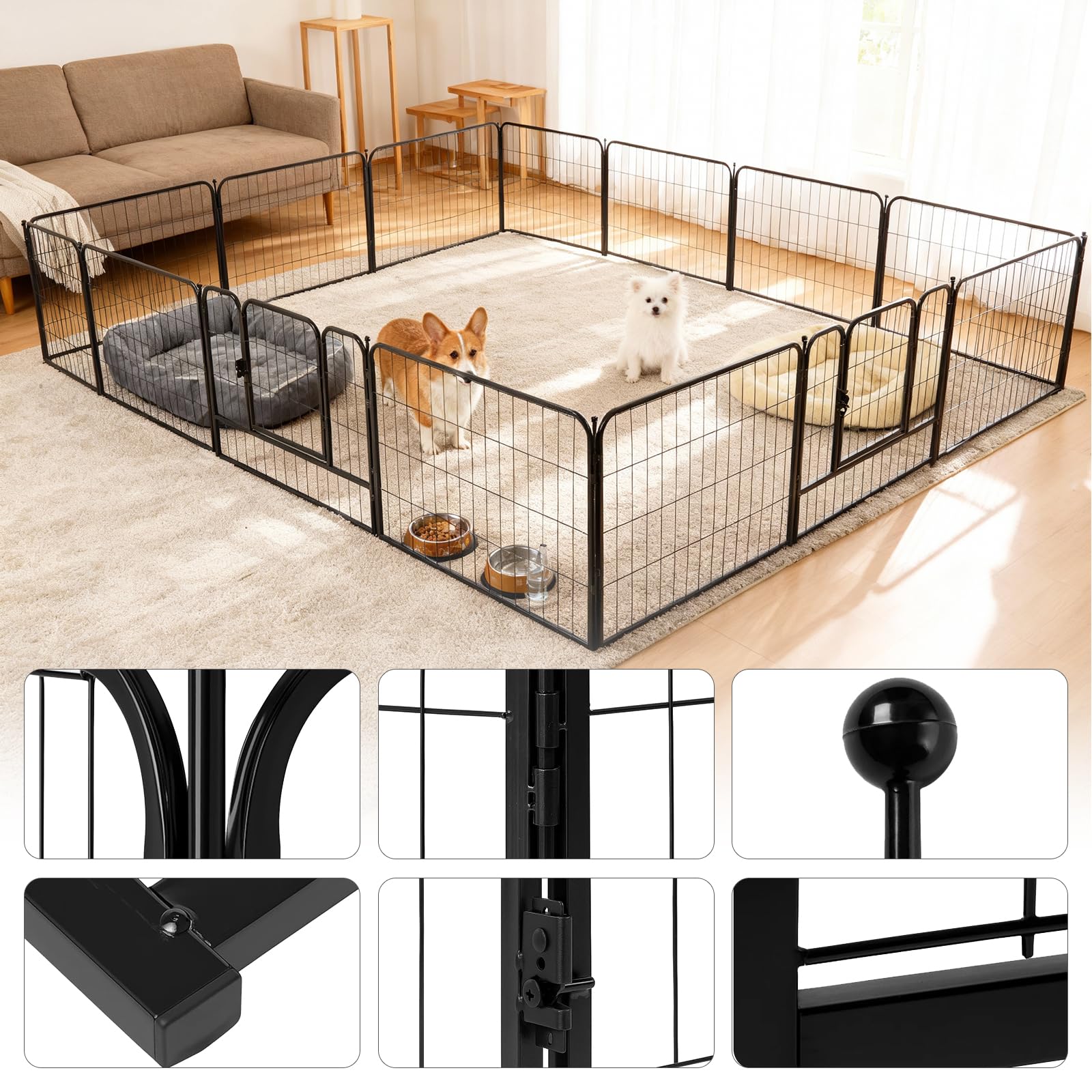 Welpenauslauf Hundelaufstall mit Einhand-Sicherheitsschloss, stabiles Hundegitter für Welpen & Hunde, modularer Hundelaufstall für Innen & Außen, schnell aufbaubar & faltbar (8PCS+80CM)