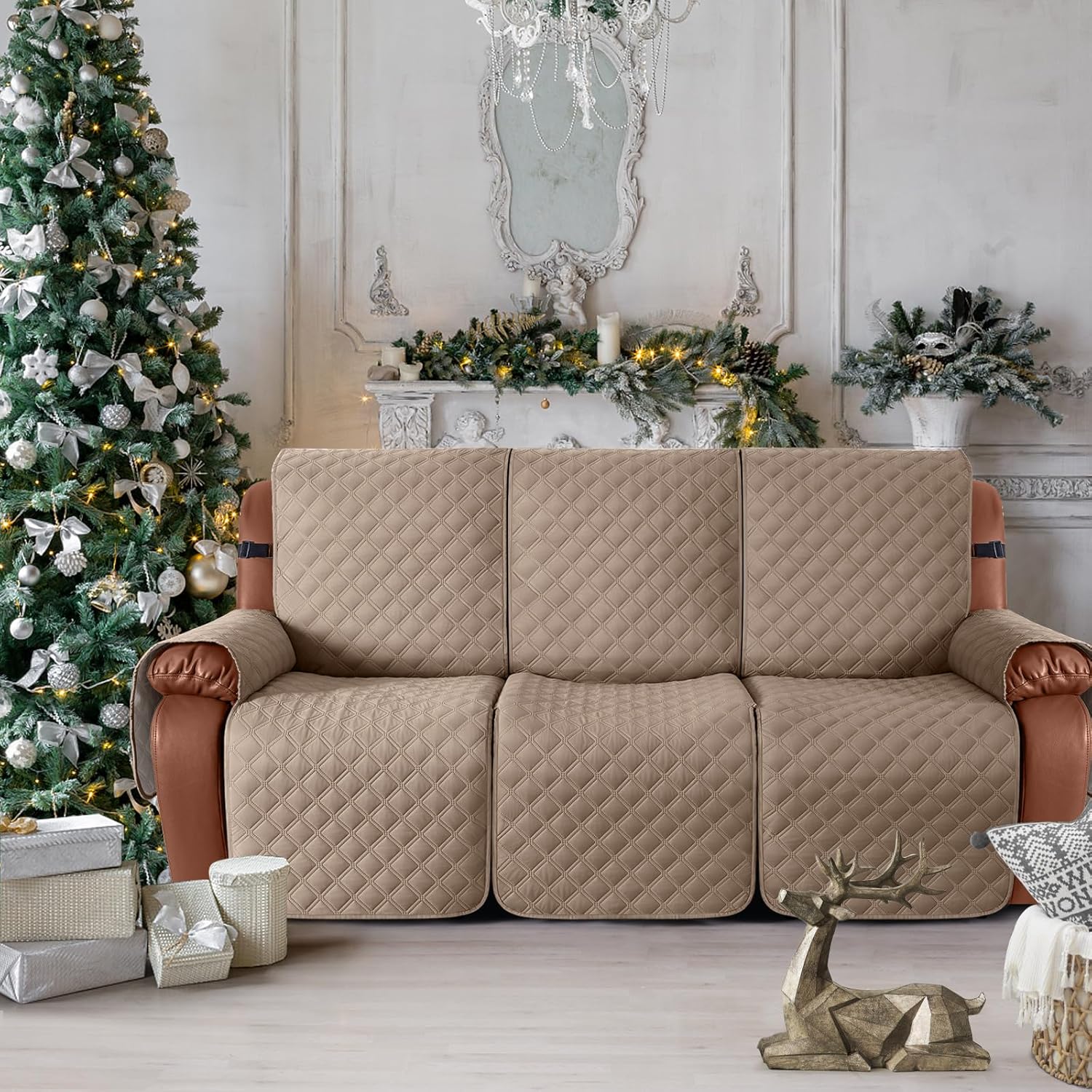 Ruaozz Waterproof Recliner Couch Covers Sofa Slipcovers Washable 1-Piece Recliner Covers Non-Slip Furniture Protector with Elastic Straps Pocket for Kids, Pets (Light Brown, 3 Seater)