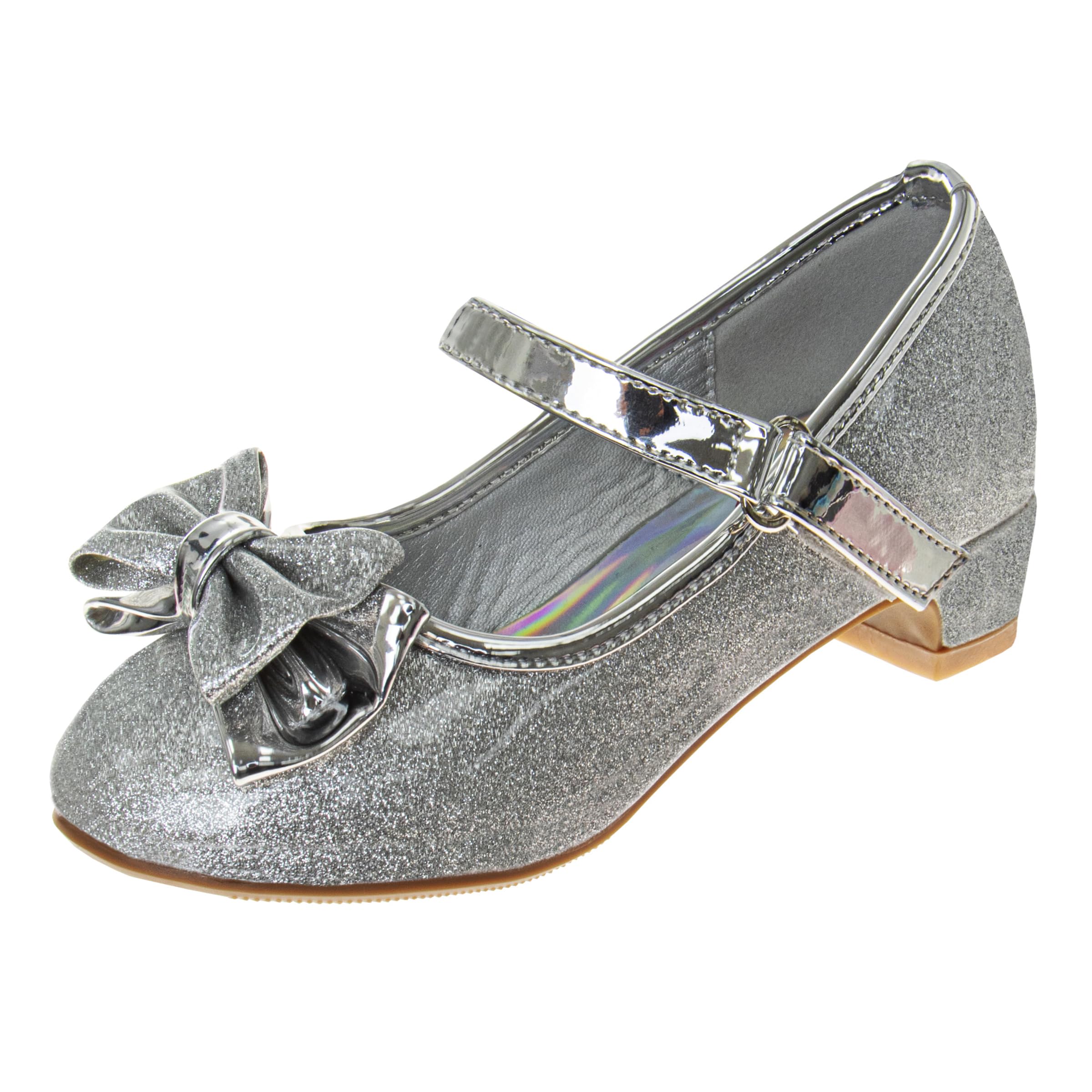 Josmo Sparkly Colors Girl Dress Shoes with Bow, Rubber Sole Closed Toe Block Heel Shoes for Toddler to Big Kid, Comfortable Formal and Party Wear