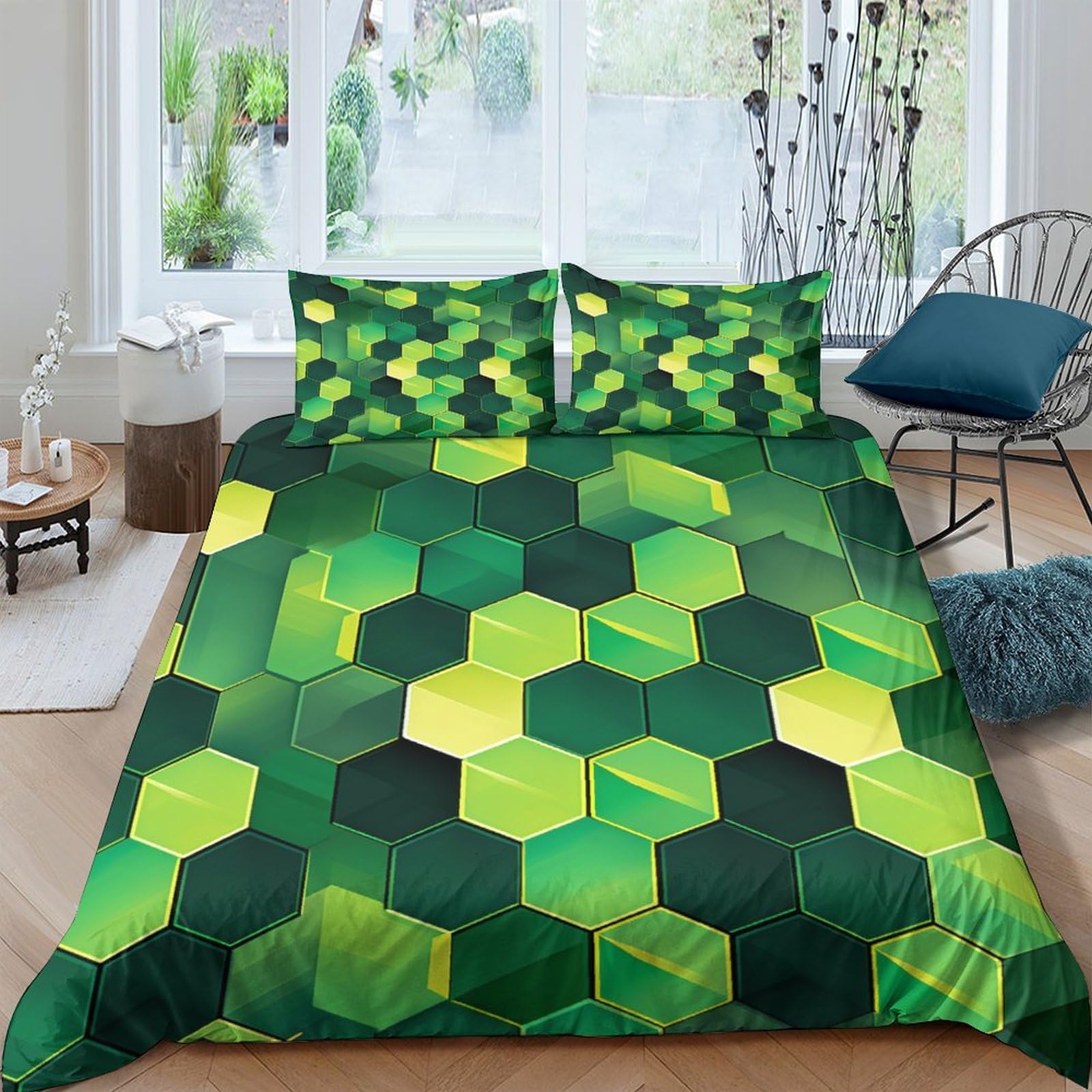Housse de couette vert métallisé 3D parure lit moderne chambre adulte enfant