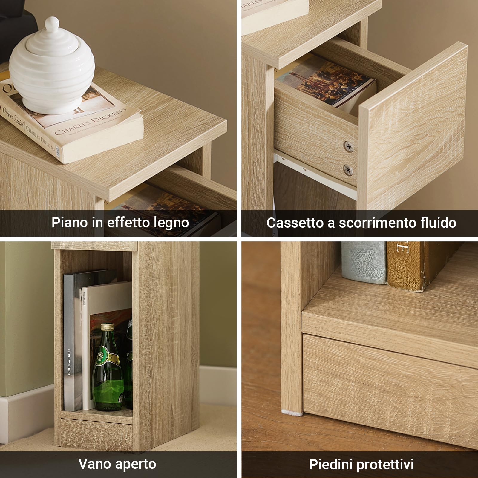 SoBuy Set da 2 comodini stretti 20 cm con cassetto, 20x35x60 cm | Comodini salvaspazio con ripiano, tavolini da letto per piccoli spazi, camera e soggiorno, Naturale, FBT111-Nx2