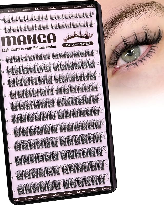 Cílios em tufos calphdiar estilo manga, curvatura C, 10–16 mm, com cílios inferiores, Pacote com 156 unidades