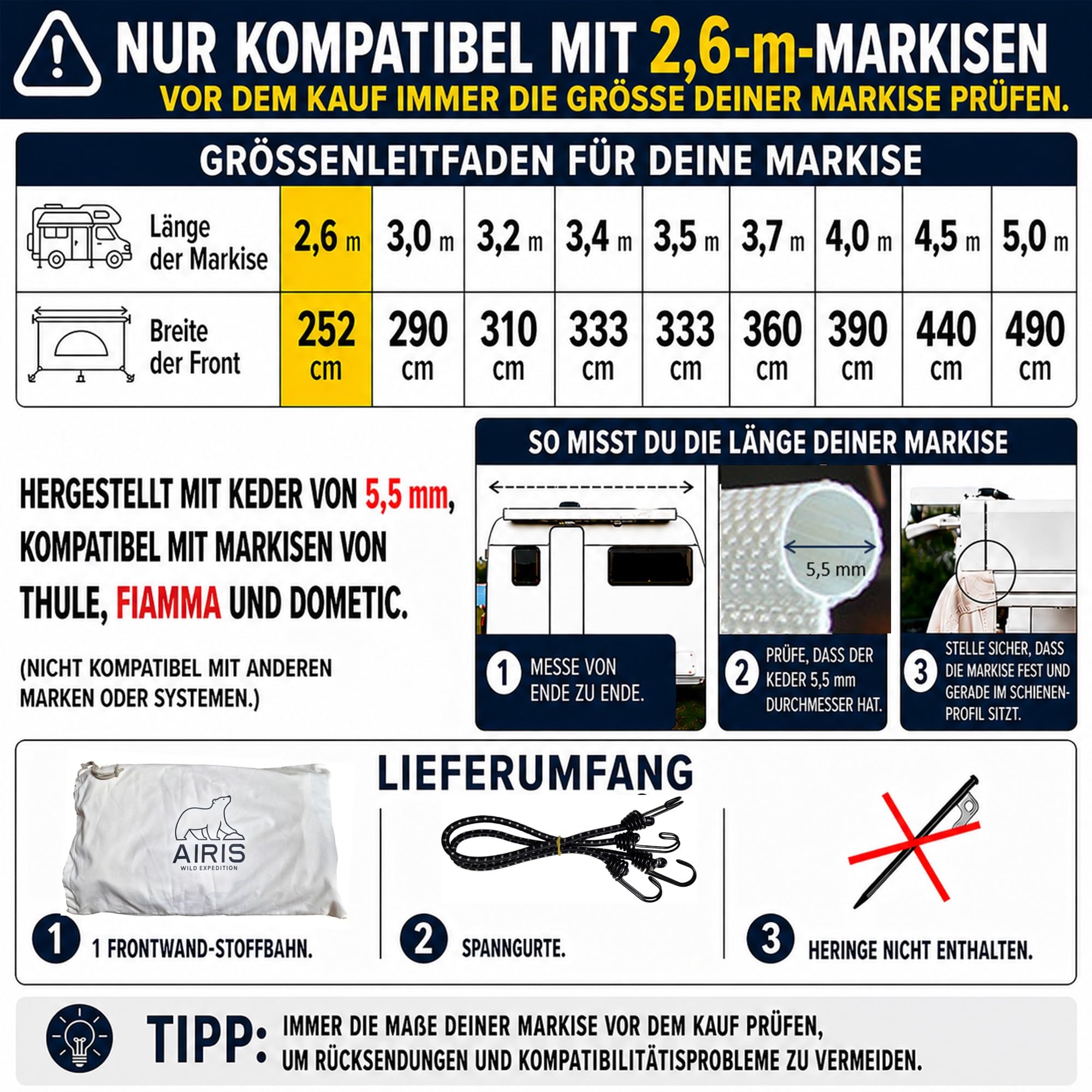 AIRIS Sun & Rain Blocker – Markisenvorderwand oder Seitenwände für Markisen – Premium Baumwollgewebe – Sicht- und Sonnenschutz für Camper & Wohnmobil – deutlich kühler als Polyester