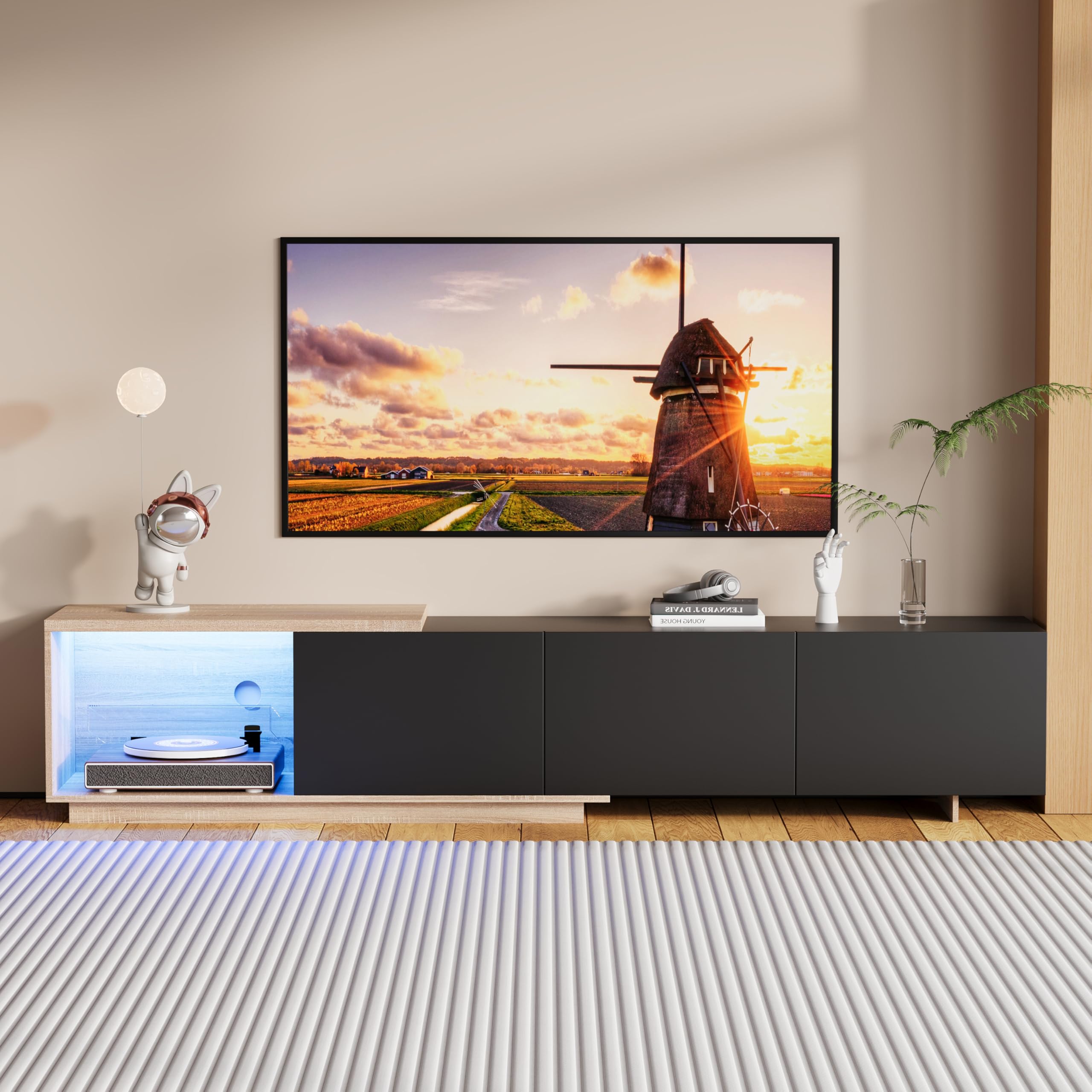 Mueble TV Extensible 163-240 cm de Longitud con 3 cajones, Mueble de TV Negro con iluminación LED, Mueble Moderno para TV de 65 Pulgadas, para salón Dormitorio (Negro, 163-240 x 36 x 44 cm)