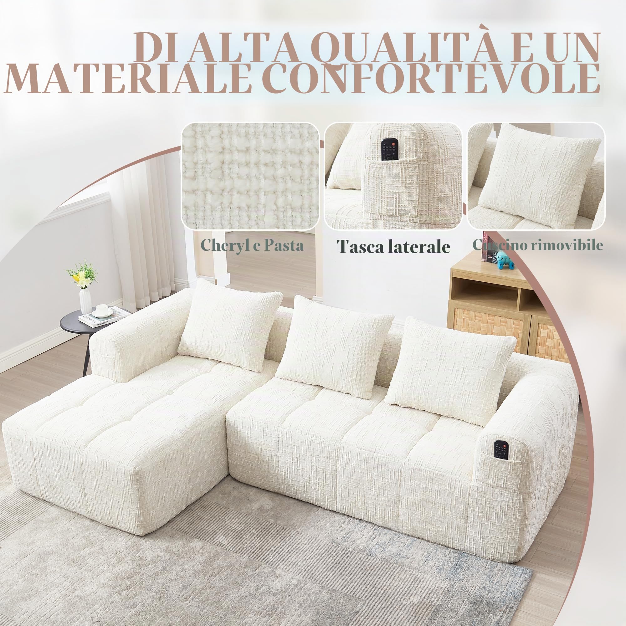 Divano moderno componibile, divano a L, divano a 3 posti con chaise longue e braccioli, 3 cuscini, tasca laterale per telecomando, divani in ciniglia, Beige