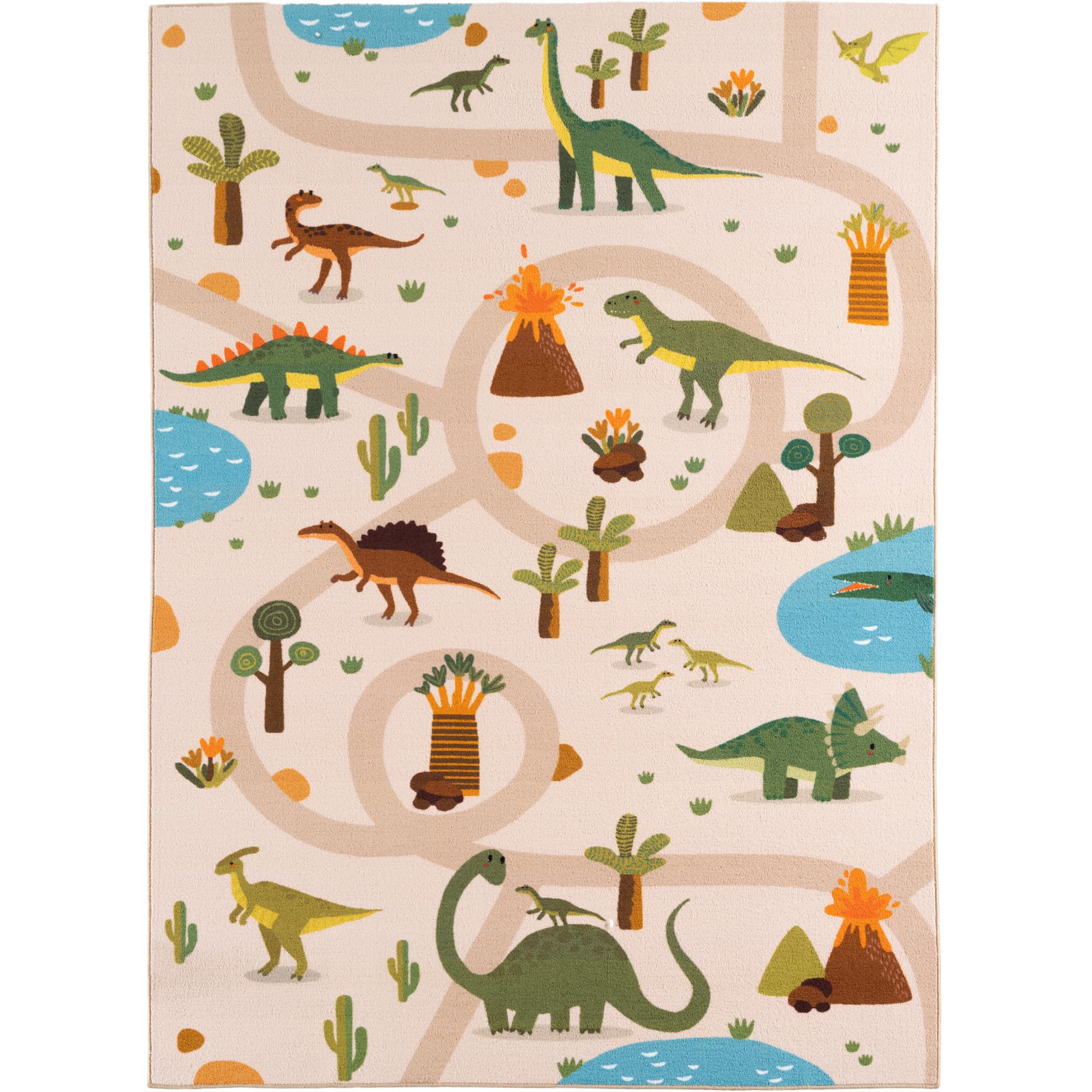 Carpetsale24 Dywan Dzieciecy Dinozaury Dywan do Zabawy do Pokoju Dzieciecego w Kolorze Beżowym Motyw Dino z Drogami rozmiar 120x170 cm idealny jako dywan do zabawy