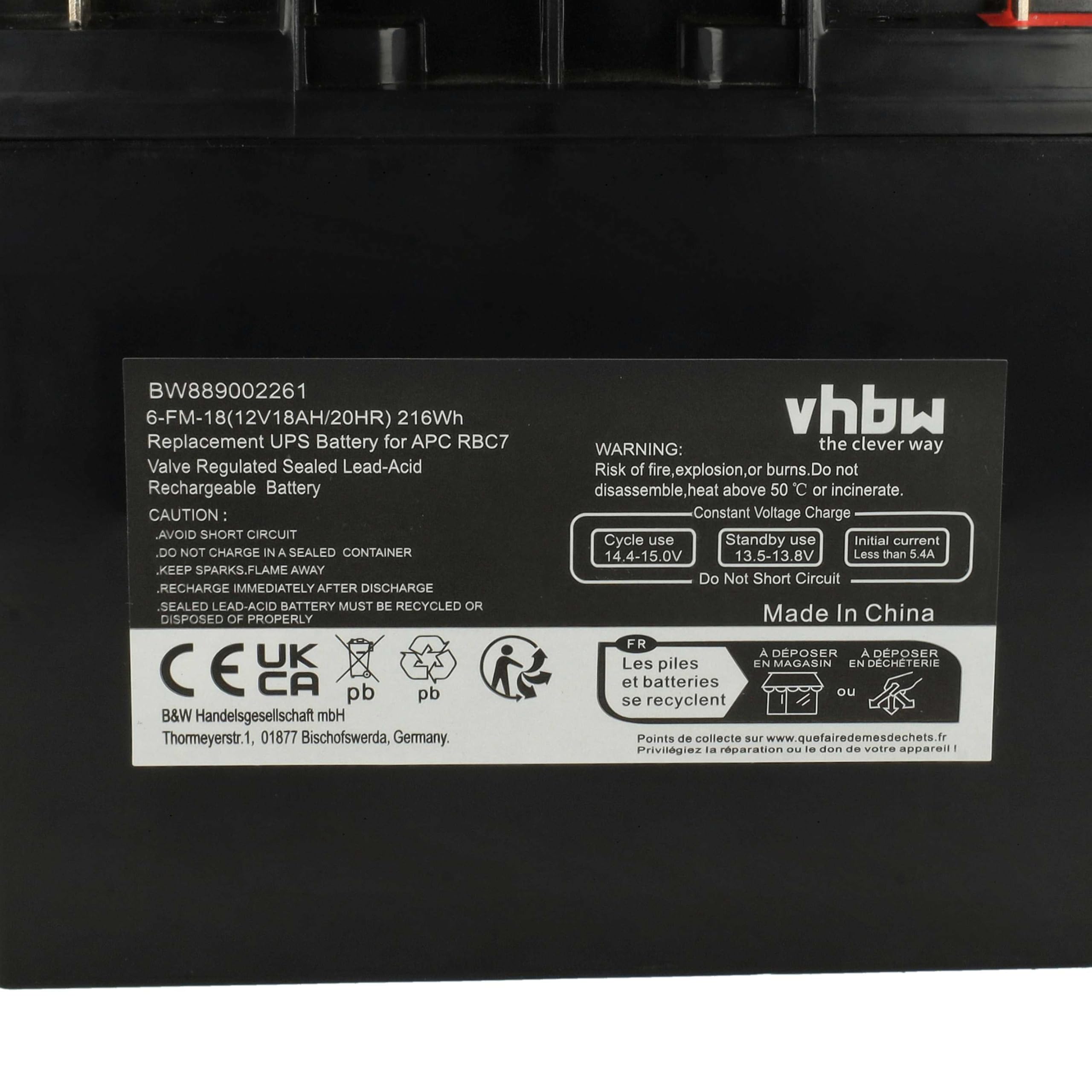 vhbw 2X Akku Ersatz für APC AP1250 | AGM09, RBC7, BT12-18, RBC50 für USV (18000 mAh, 12 V, AGM)