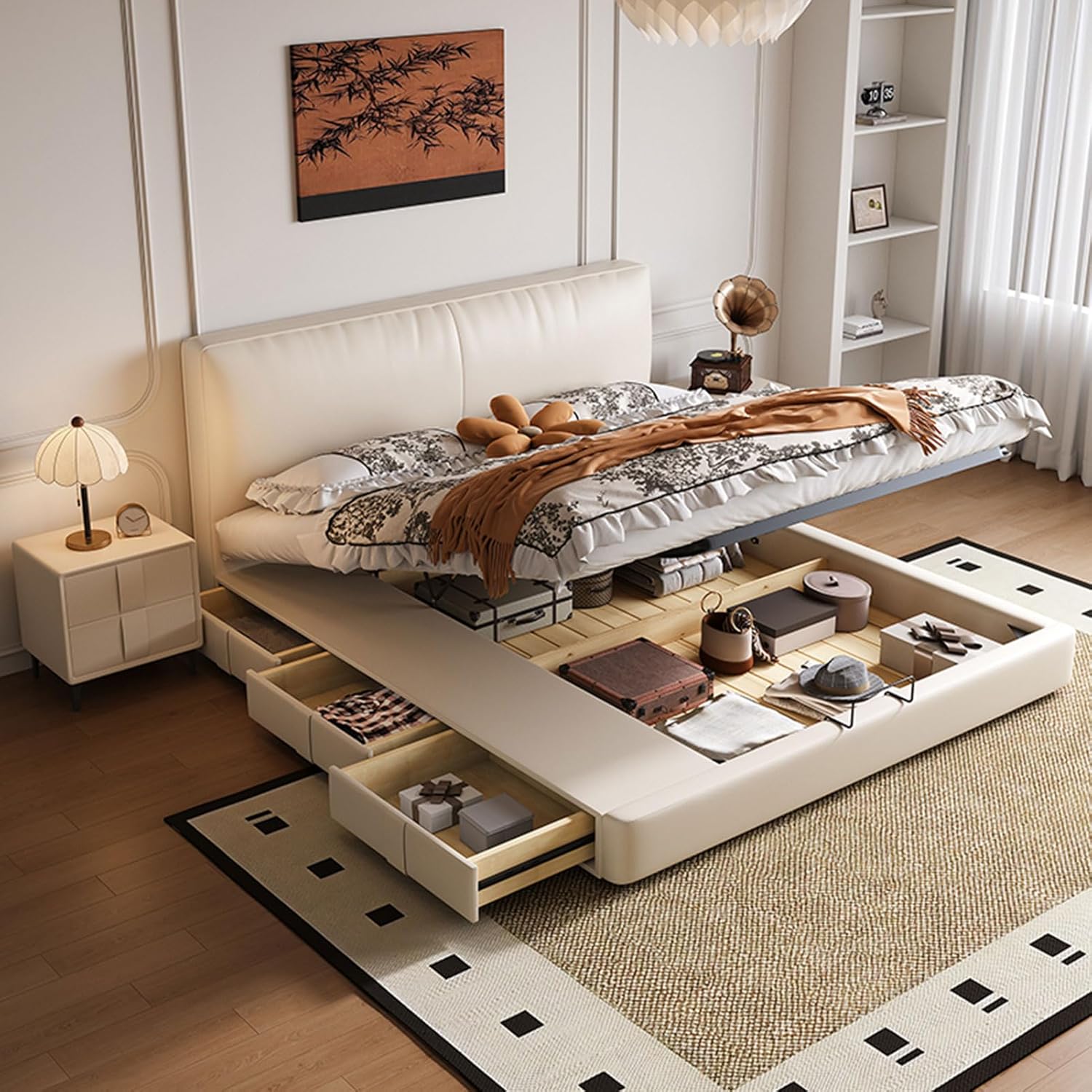 Modern Simplicity Leather Queen Size Platform Bed Wooden Slats Support Lift Up Storage Bed Noise-Free