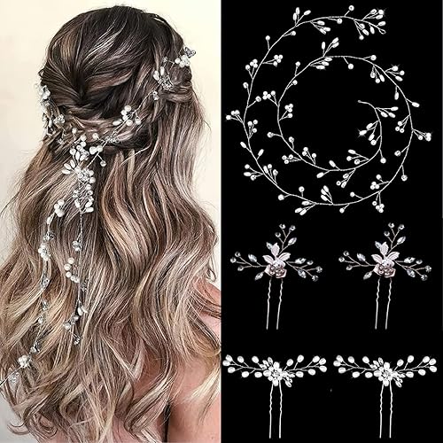 MIRBOA Vid de pelo de 39.4 pulgadas con 4 alfileres de perlas, diamantes de imitación hechos a mano y cuentas de cristal, joyería para el cabello,