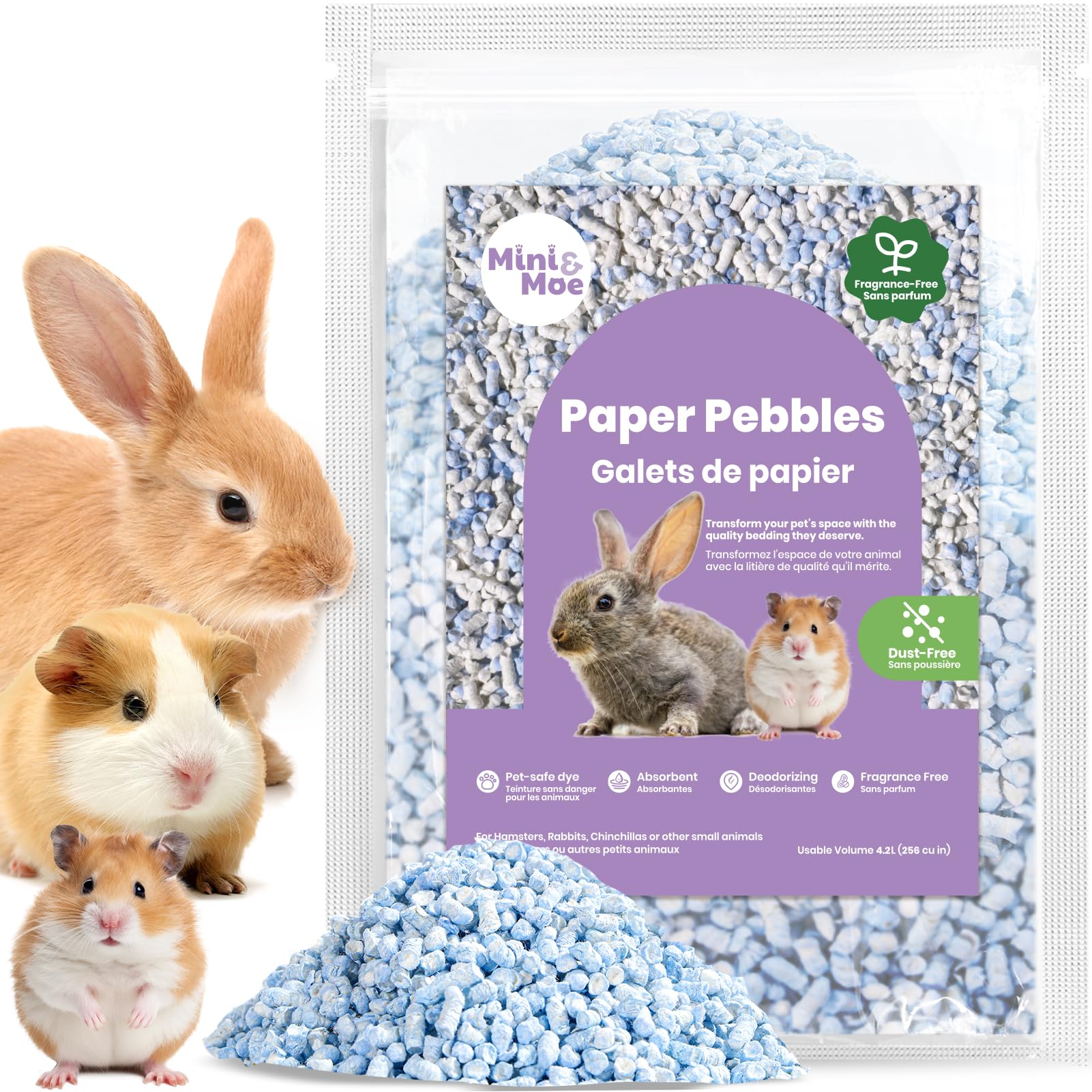 mini&moe Small Animal Paper Pellet Bedding: Odor & Moisture Absorbent Natural Paper Pellet Bedding - for Guinea Pigs, Hamsters, and Rabbits, 3.96lb