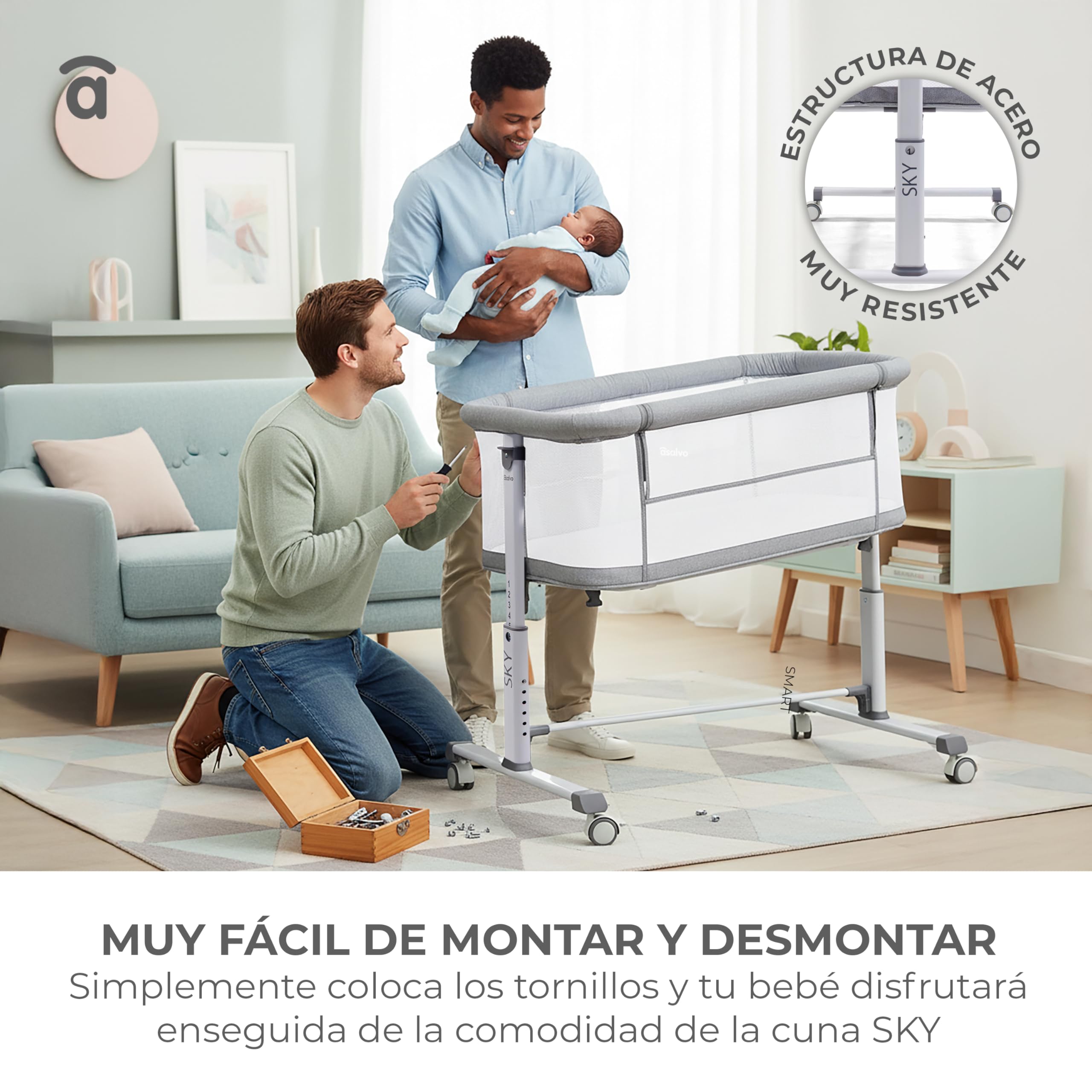 Minicuna de colecho lateral abatible | 6 alturas regulables, colchón incluido, malla transpirable 360º | Certificada EN 1130 y EN 16890 | Sky Gris Asalvo