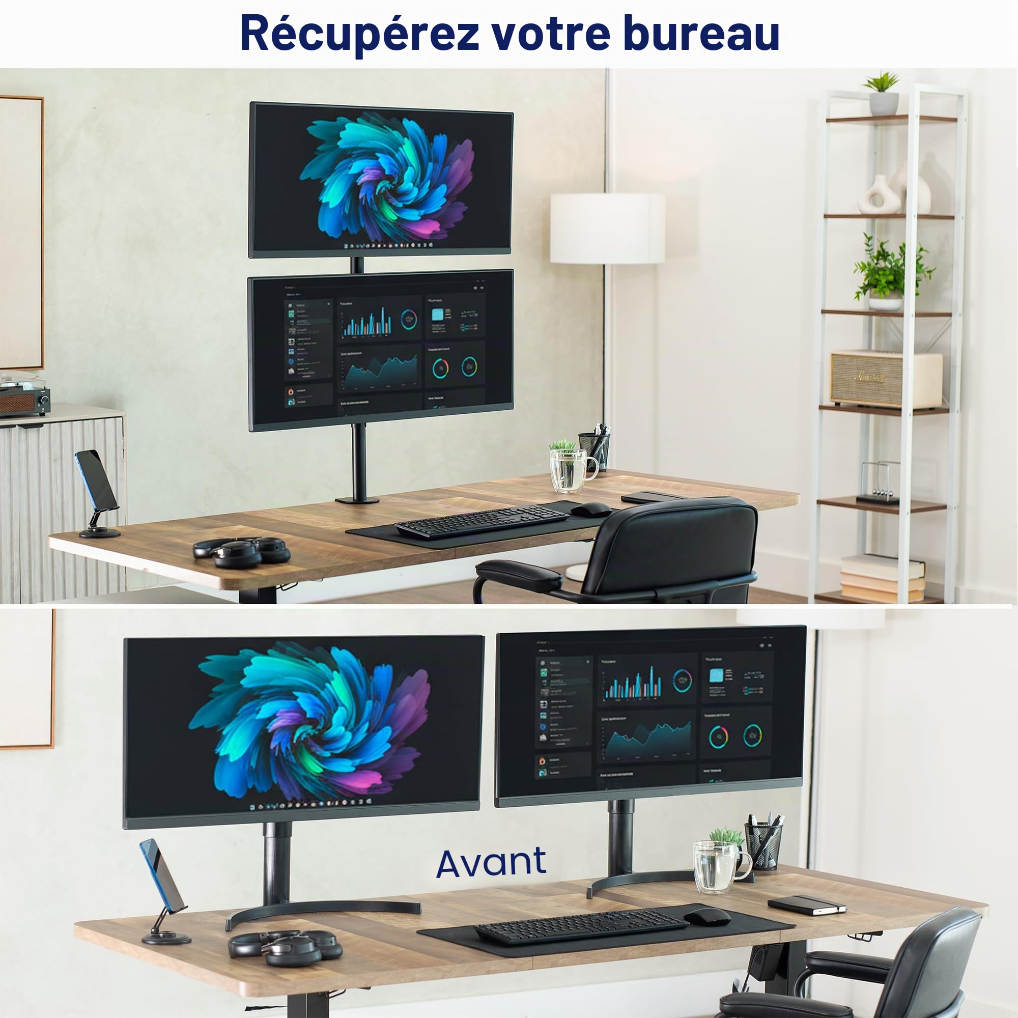 VIVO Support de Bureau Double pour Écrans Superposés Verticalement, Pied Ajustable très haut pour 2 Écrans Ultra-Larges jusqu'à 34 Pouces, Capacité 10 kg, Noir, STAND-V002T