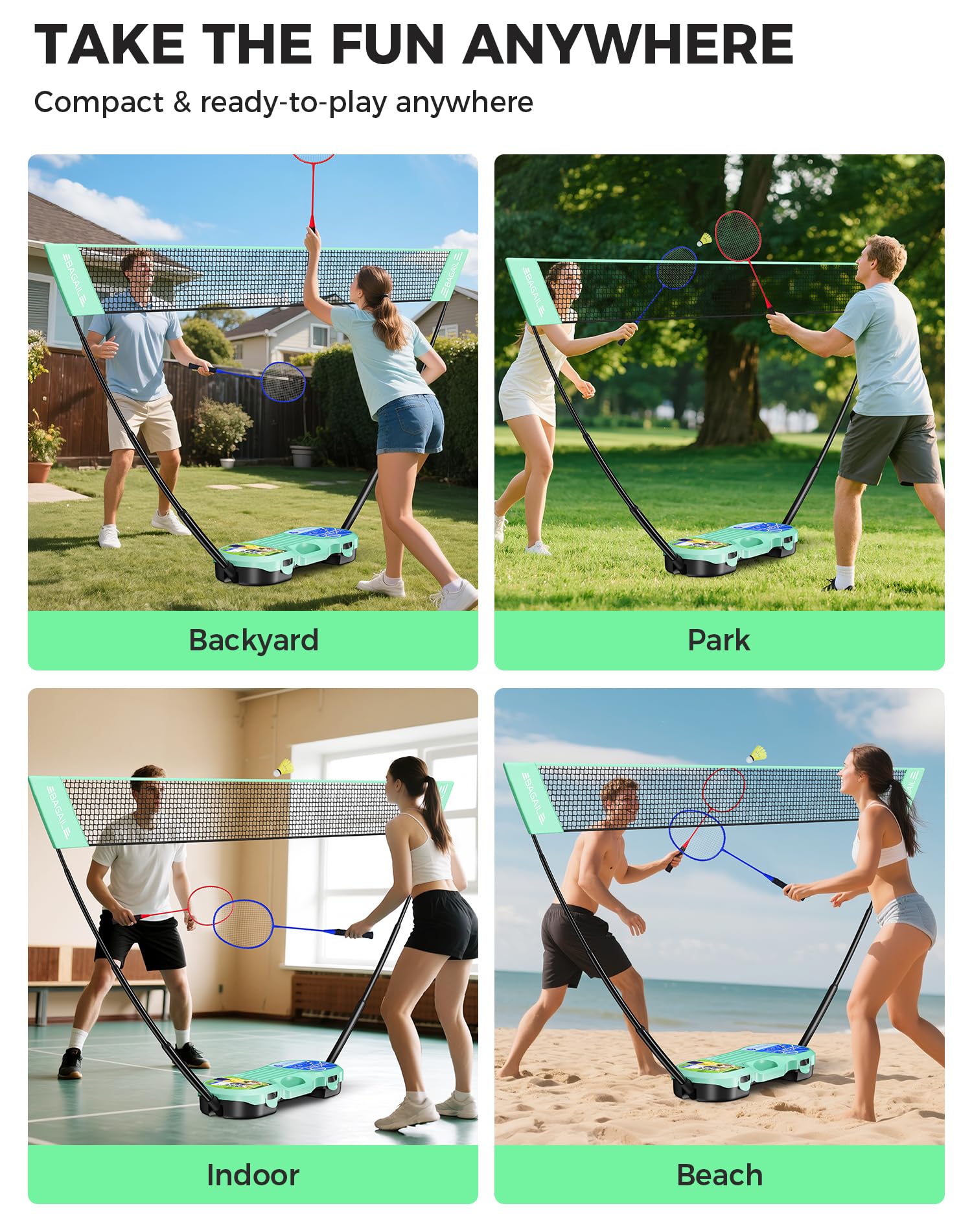 BAGAIL Conjunto de Red de bádminton portátil - Bolsa de Almacenamiento - Base autónoma - Instalación rápida - Red de bádminton con 4 Raquetas y 4 Volantes para Jugar en Interiores y Exteriores — view 6