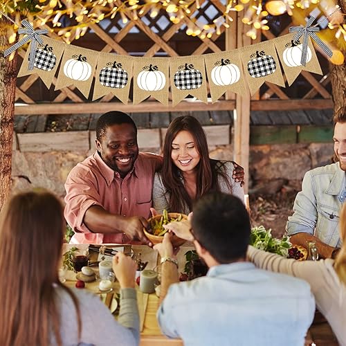 Miniatura 4 de Doumeny Pancarta de arpillera de calabaza a cuadros de búfalo, pancarta de otoño de yute de calabazas blancas, guirnalda de banderines de cosecha de