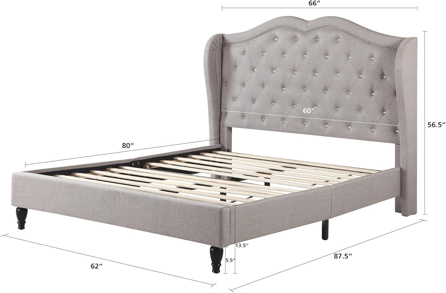 Home Life Premiere Curved Classics Cloth Light Grey Silver Linen 51 Tall Headboard Platform Bed with Slats King - Complete Bed 5 Year Warranty Included 019