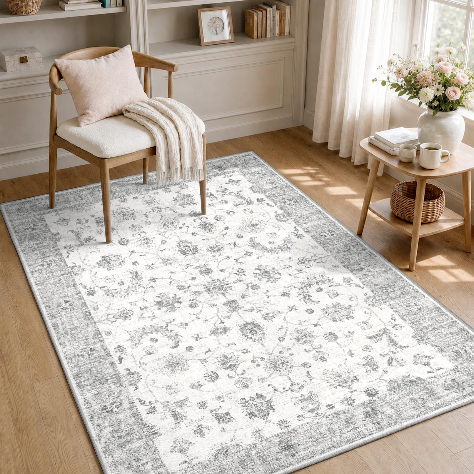 INOVADAY Washable Rug Living Room 90x150cm Non Slip Low Pile Vintage Boho Area Rug for Hall Lounge Bedroom Kitchen Office Dining Room Indoor Hallway Grey/White