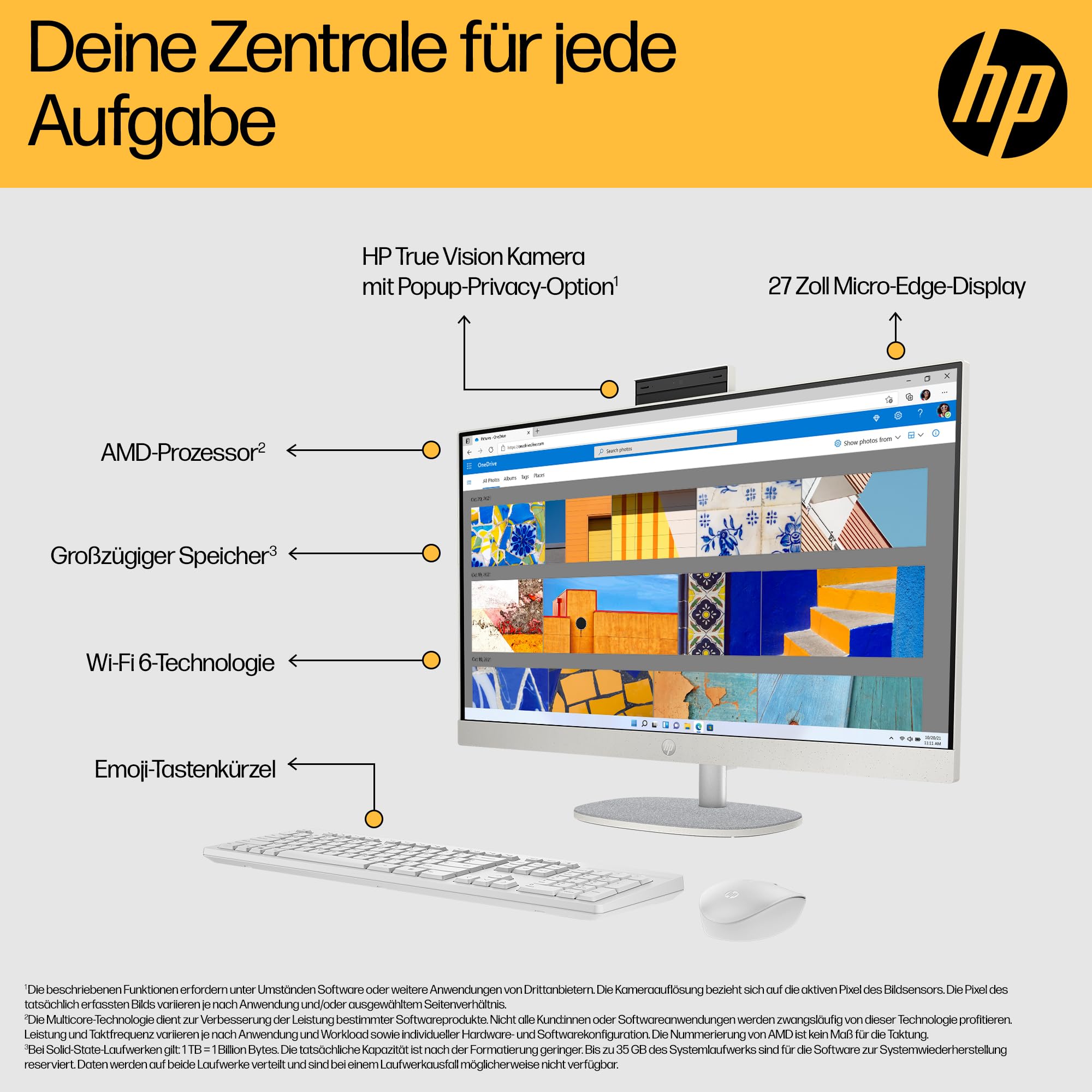 HP All-in-One Desktop-PC | 27" FHD Display | AMD Ryzen 5 7520U | 16 GB DDR5 RAM | 512 GB SSD | AMD Radeon-Grafikeinheit | Windows 11 Home | Weiß