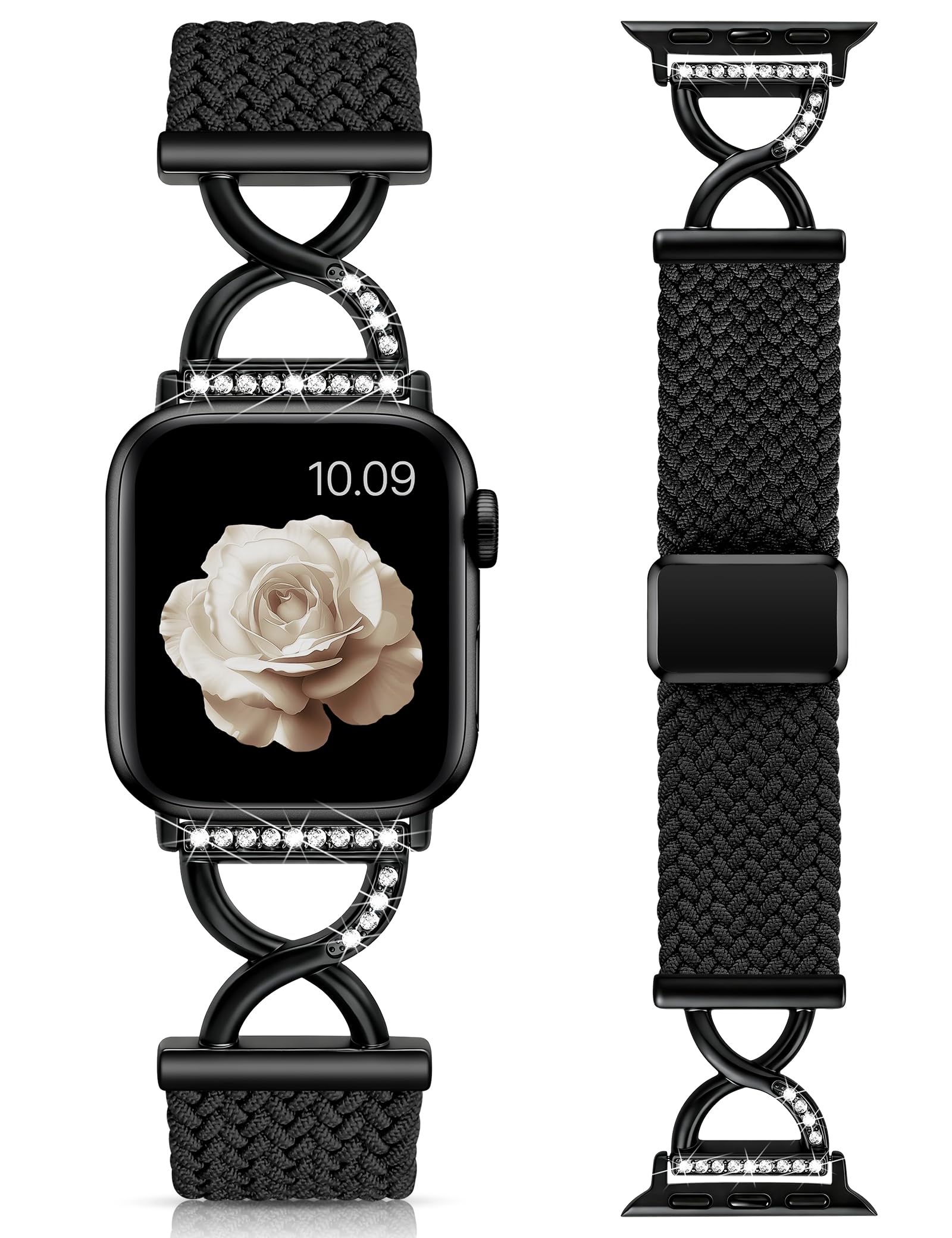 Photo 1 of Wearlizer Braided Magnetic Band Compatible with Apple Watch Bands 40/41/42/38 Women, Dressy Bling X-Shape Metal Elegant Stretchy Elastic Nylon Strap for iWatch Series 11 10 9 8 7 6 5 4 SE 3 2 1