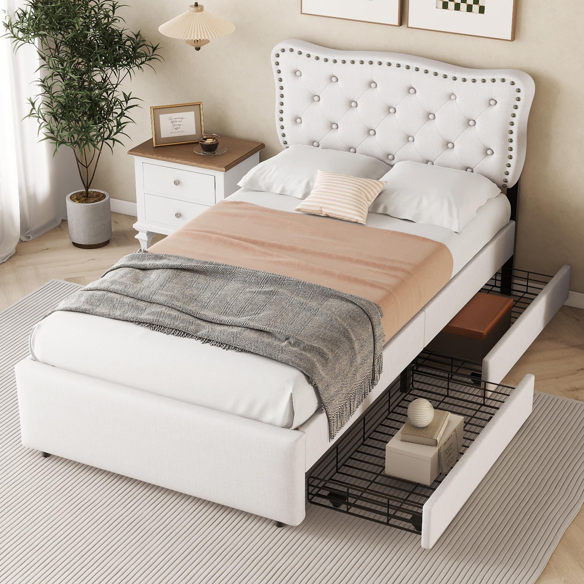 Moimhear Letto piatto 90 x 200 cm, letto imbottito, cuscino comodino con borchie decorative, cassetti doppi (beige chiaro)