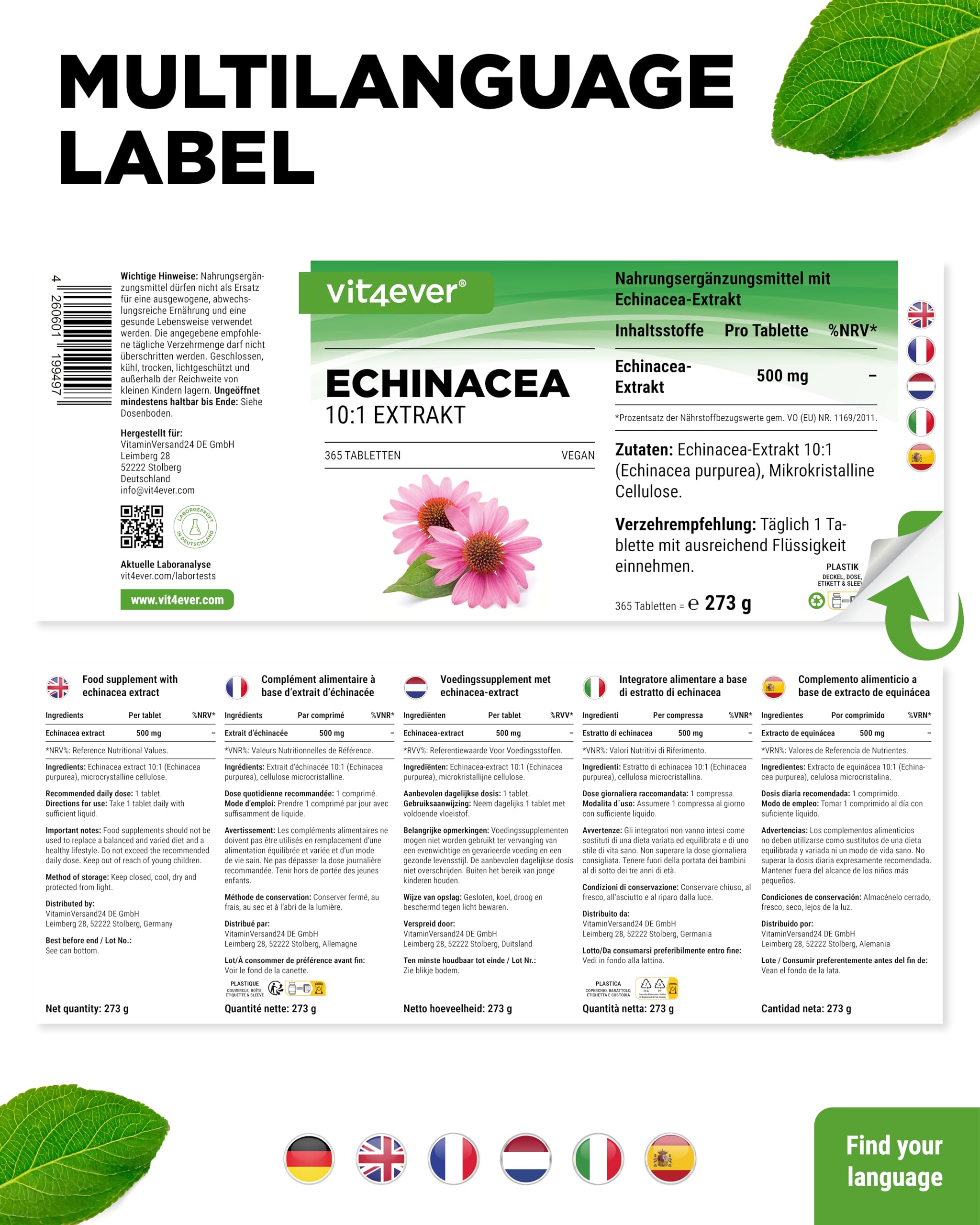 vit4ever Echinacea 500 mg - 365 vegane Tabletten - Natürliches Echinacea Extrakt 10:1 - Hochdosiert - Ohne unerwünschte Zusätze - Vegan