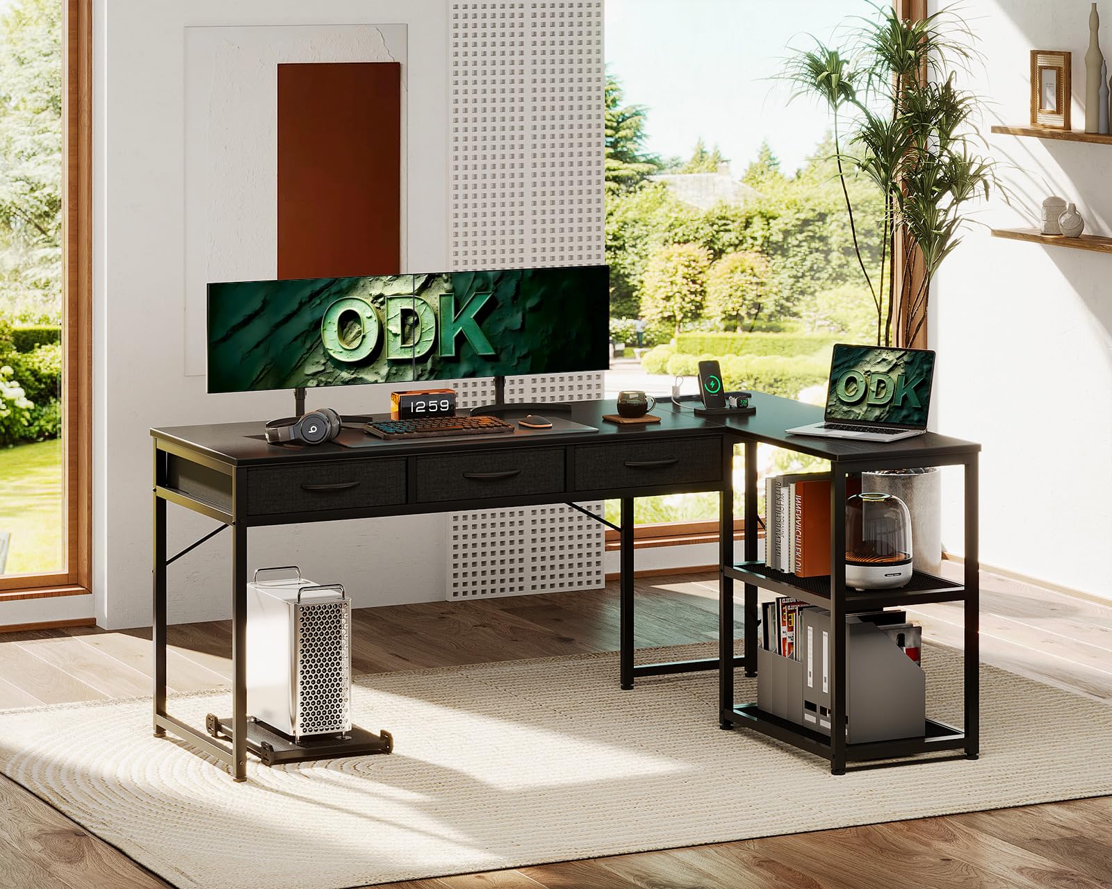 ODK Narożne biurko z USB i szufladami (czarne, 155 x 110 cm)