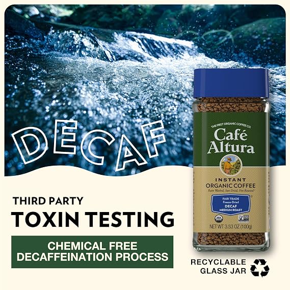 Cafe Altura Decaf Freeze Dried Instant Organic Coffee, 3.53 oz Jar (Pack Of 6)