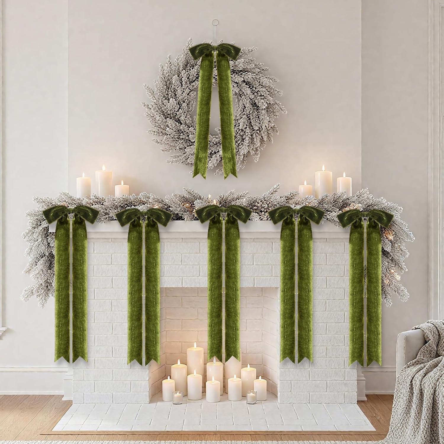 Riceshoot 4 Pcs Valentine's Velvet Bows 23.5'' x 8.7'' Large Handmade Long Fringe Staircase Bows Vintage Raw Edge Velvet Bow Rustic Crafts for Valentine's Tree Gift Wrapping Decor (Olive Green)