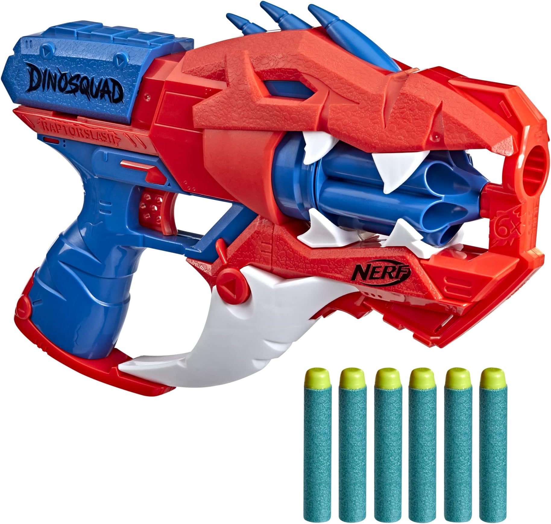 DinoSquad Raptor-Slash Dart Blaster, 6-Dart Rotating Drum, Slam Fire Action, 6 Official Elite Darts, Velociraptor Dinosaur Design