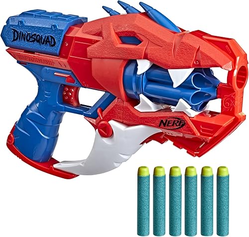 Nerf DinoSquad Raptor-Slash Dart Blaster, tambor giratorio de 6 dardos, acción de fuego de golpe, 6 dardos oficiales de élite, diseño de dinosaurio