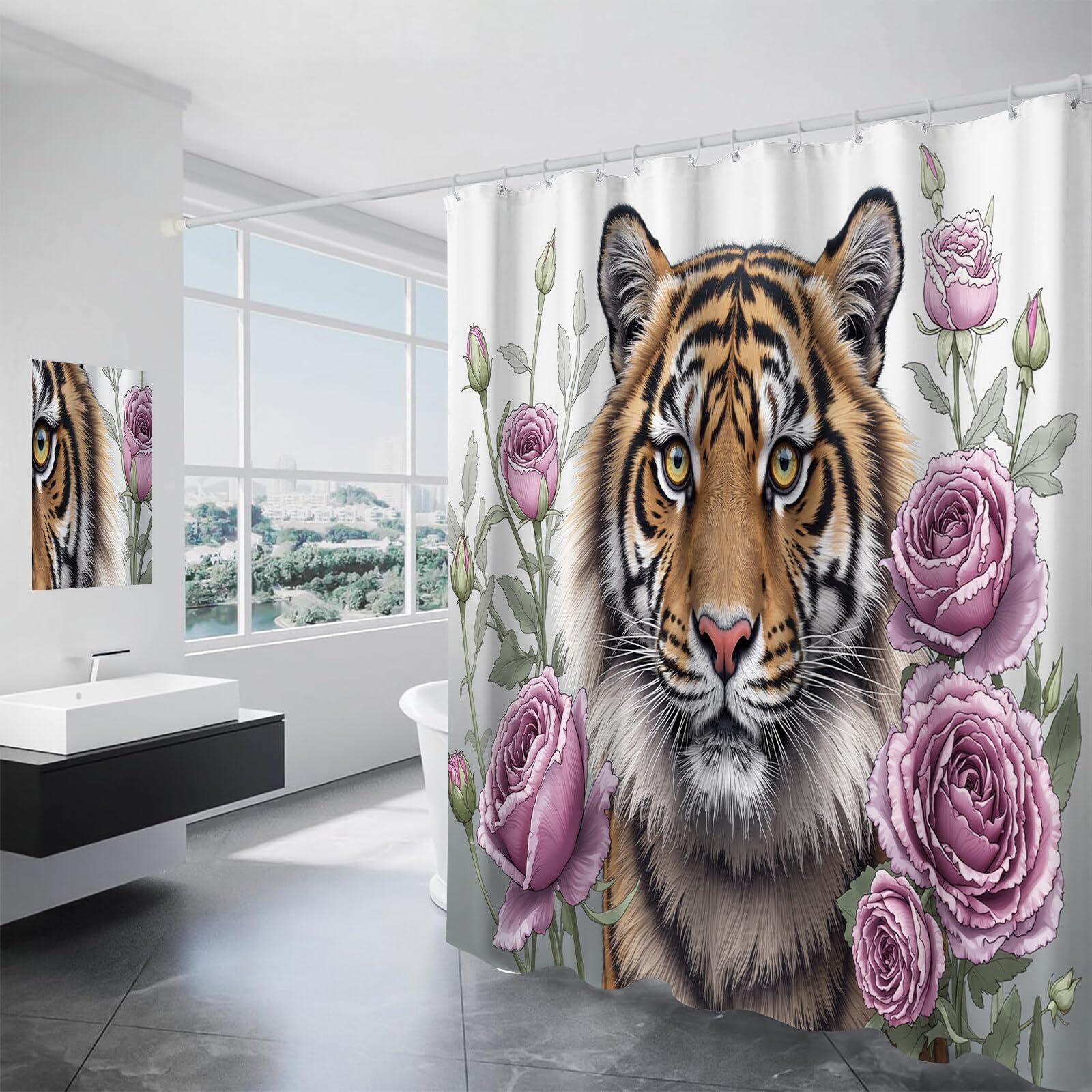 Rideau Douche,Rideau Baignoire Lavable en Machine Rideaux Douche Tissus Lavable Rideau De Baignoire Lavable pour Salle De Bain Domicile Baignoire Famille,Rose Tigre,