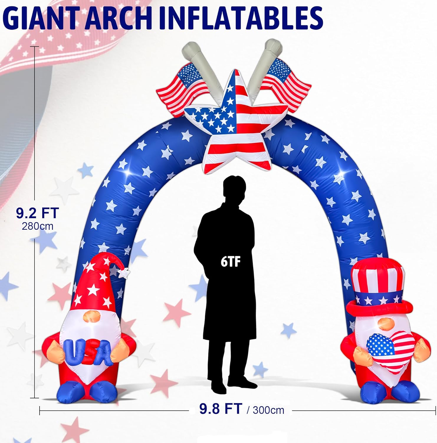 9.2FT 4th of July Inflatables Decorations Archway with Gnomes - Patriotic Outdoor Blow Up with Built-in LEDs Big Star Flag and Gomes for Memorial Day Independence Day Decor for Lawn Garden Party