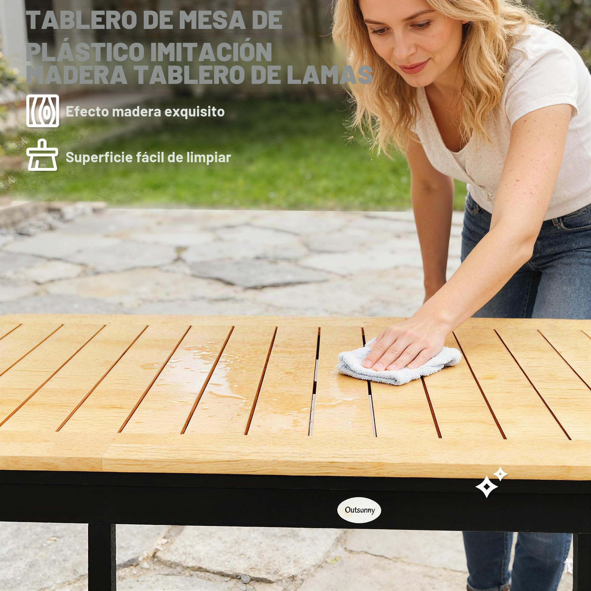 Outsunny - Mesa de jardín para 6 personas, madera compuesta, 127 x 70 cm, color marrón | Mesa de exterior rectangular, marco de metal, bandeja para láminas, muebles de terraza, para balcón y patio