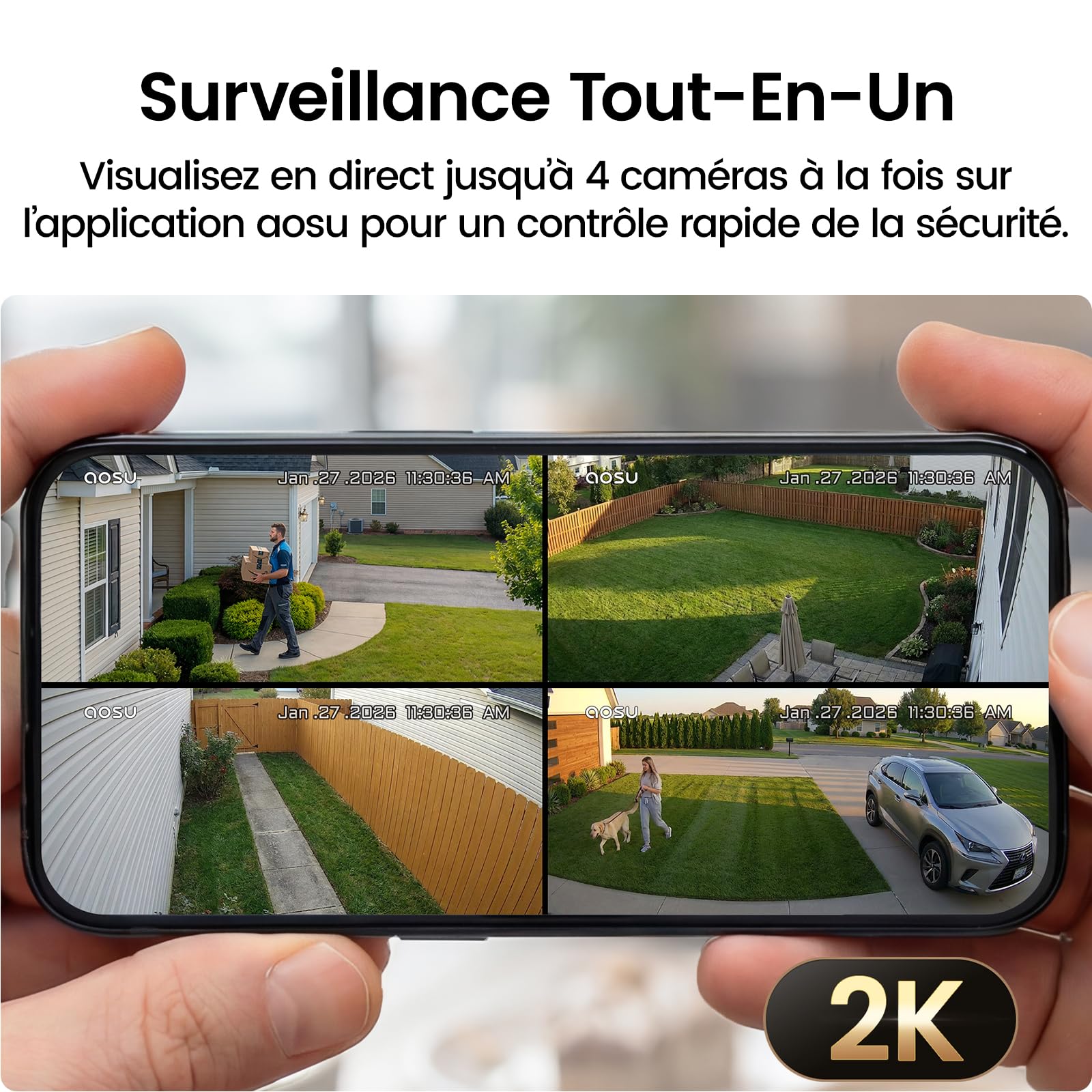 aosu 2K Camera Surveillance WiFi Exterieure sans Fil Solaire, Kit 4 Cam + aosuBase 2.0, sans Abonnement Requis, Extensible Jusqu’à 1 to, Vision Nocturne Couleur AI PIR Détection Suivi Inter-Caméras